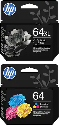 hp 64XL Black Noir
1 Original HP Ink Cartridge
Une cartouche d'encre d'origine HP
hp 64 Tri-color Tricolore
1 Original HP Ink Cartridge
Une cartouche d'encre d'origine HP