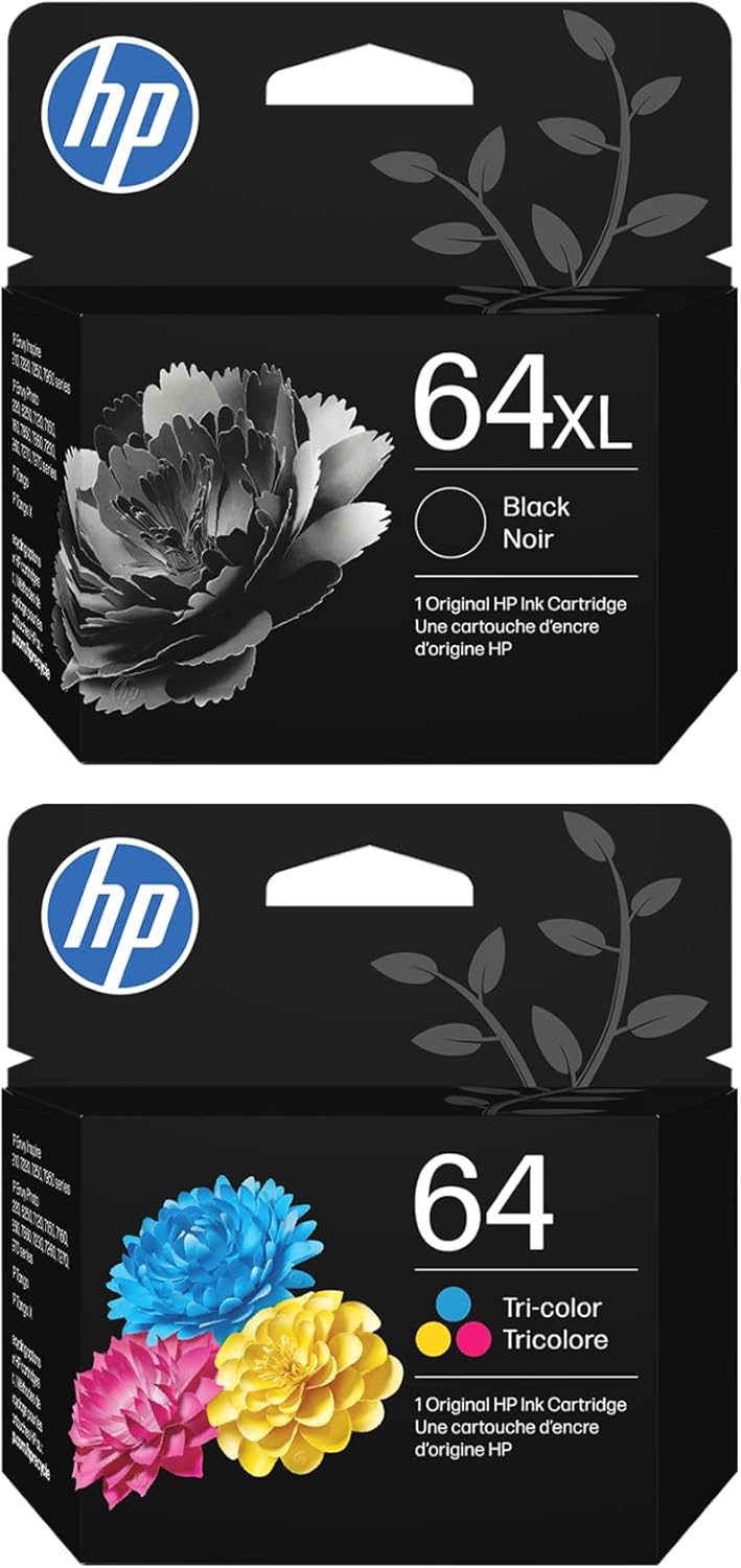 hp 64XL Black Noir  
1 Original HP Ink Cartridge  
Une cartouche d'encre d'origine HP  

hp 64 Tri-color Tricolore  
1 Original HP Ink Cartridge  
Une cartouche d'encre d'origine HP