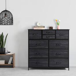 Oumilen - Wood-Grain Dresser with 10 Fabric Drawers, Tall Storage Chest - Black