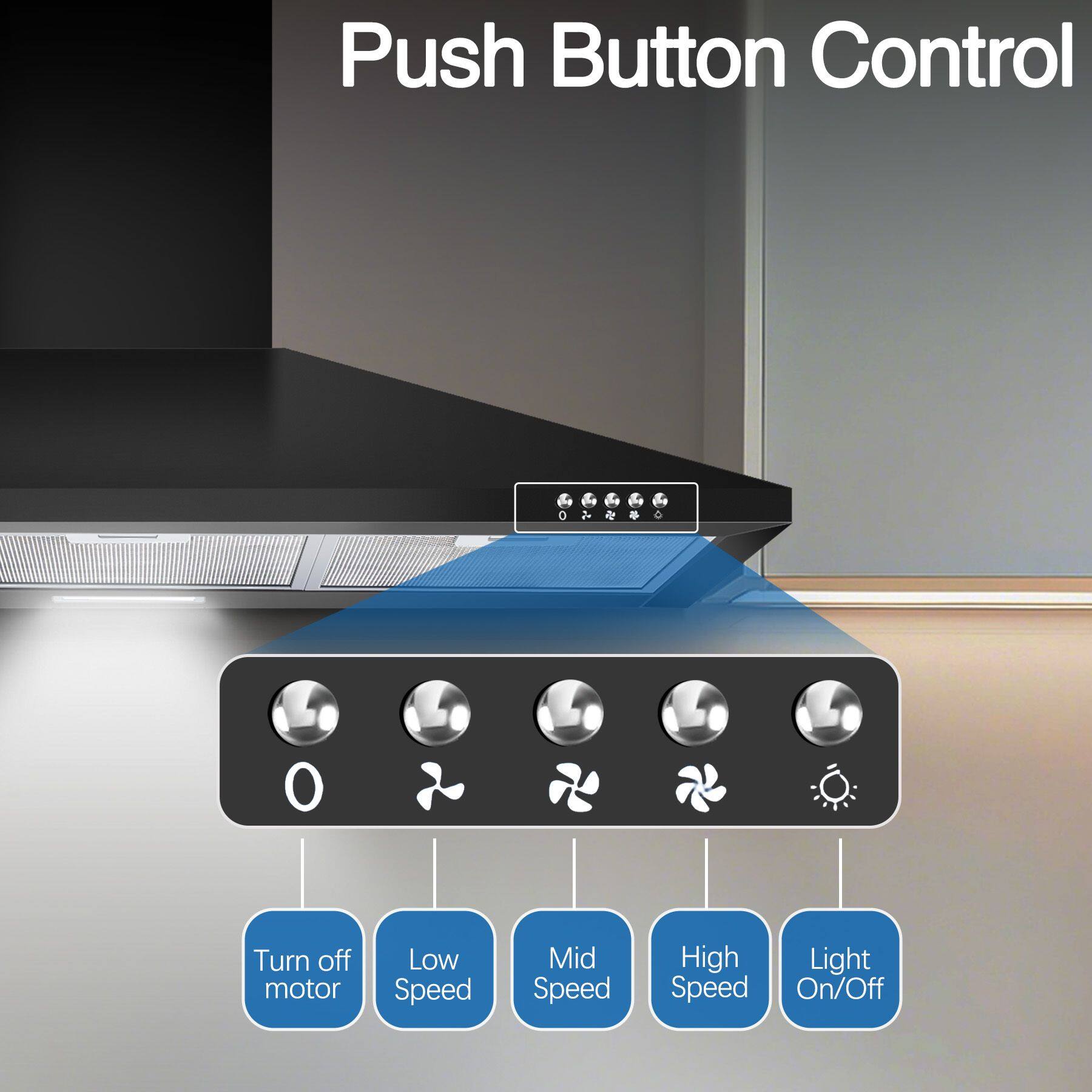 Push Button Control

- Turn off motor
- Low Speed
- Mid Speed
- High Speed
- Light On/Off