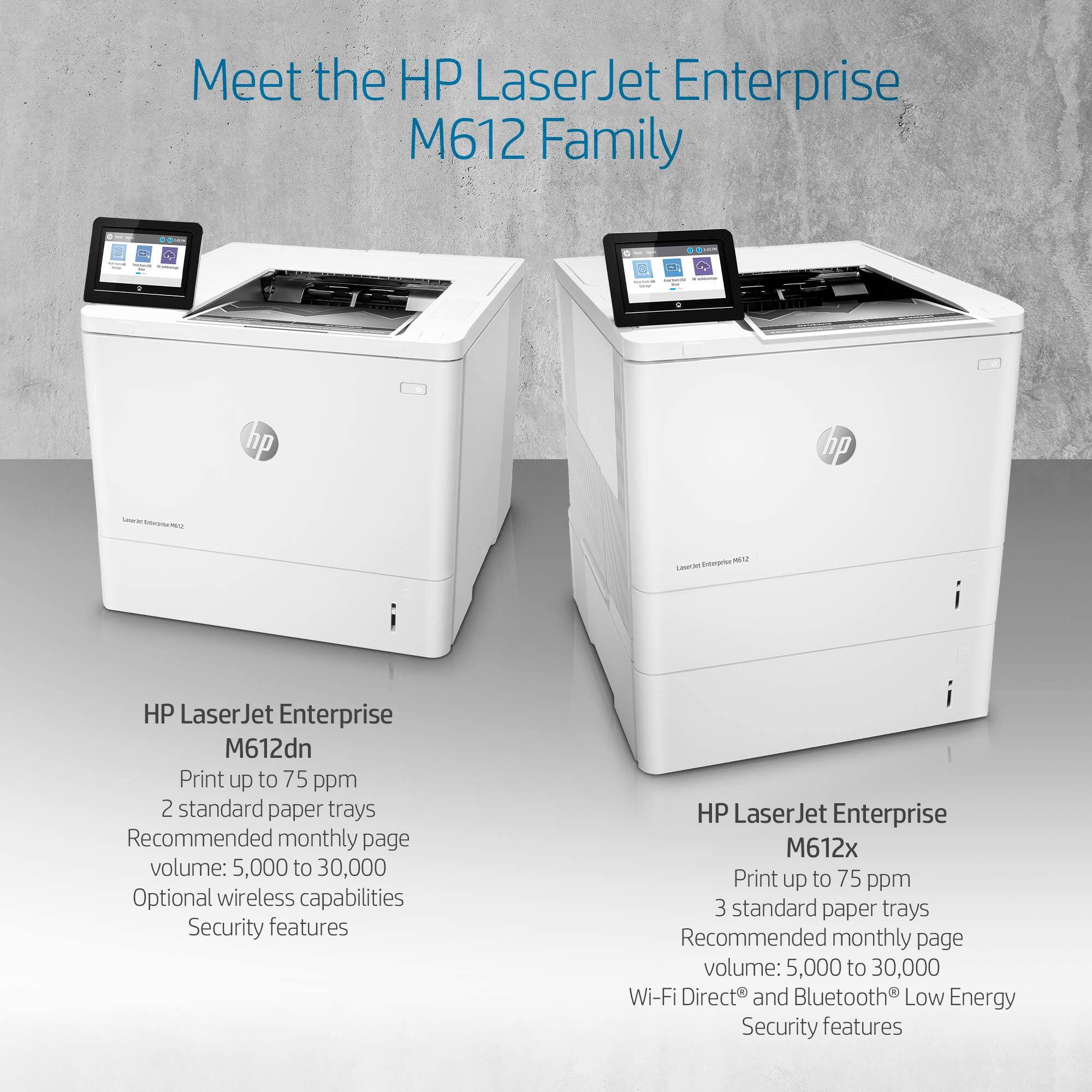 Meet the HP LaserJet Enterprise M612 Family

HP LaserJet Enterprise M612dn
- Print up to 75 ppm
- 2 standard paper trays
- Recommended monthly page volume: 5,000 to 30,000
- Optional wireless capabilities
- Security features

HP LaserJet Enterprise M612x
- Print up to 75 ppm
- 3 standard paper trays
- Recommended monthly page volume: 5,000 to 30,000
- Wi-Fi Direct and Bluetooth Low Energy
- Security features