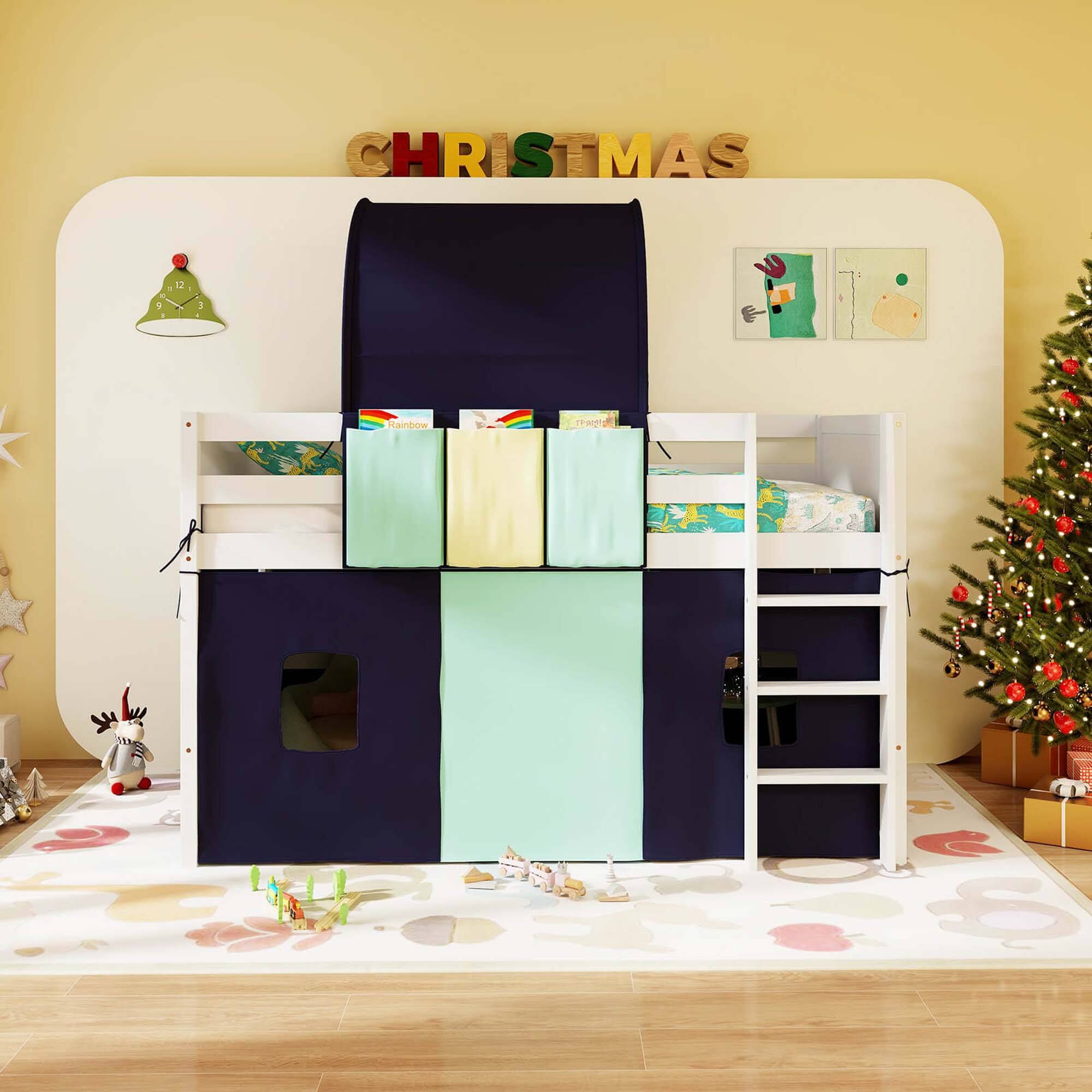 Alt View 1. Costway - Costway Twin Loft Bed with Tower & Tent 3 Storage Pockets Safety Guardrail and Ladder - Navy,White.