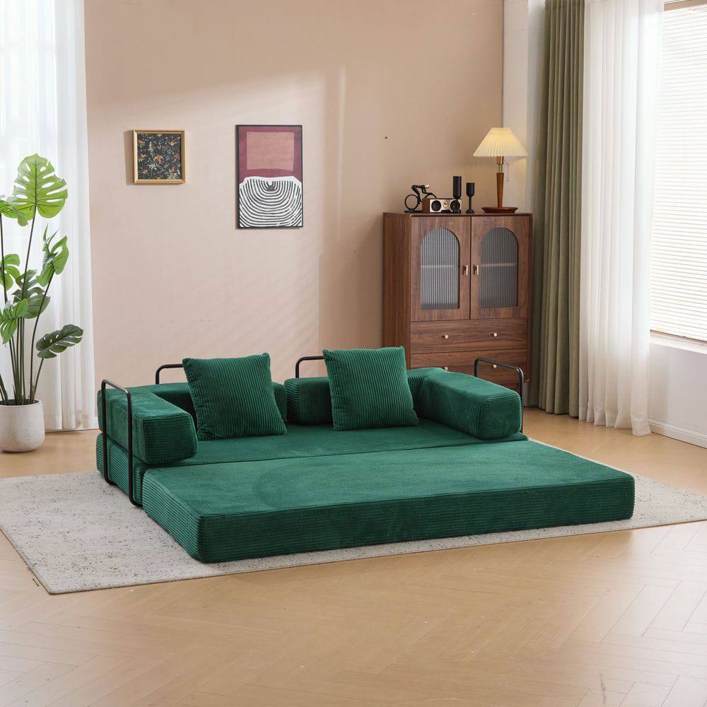 Angle. Kadyn - Floor Couch Bed, Convertible Corduroy Fabric Sofa with Pillow Back Support, Compression Lounge Sleeper, Dark Green - Green.