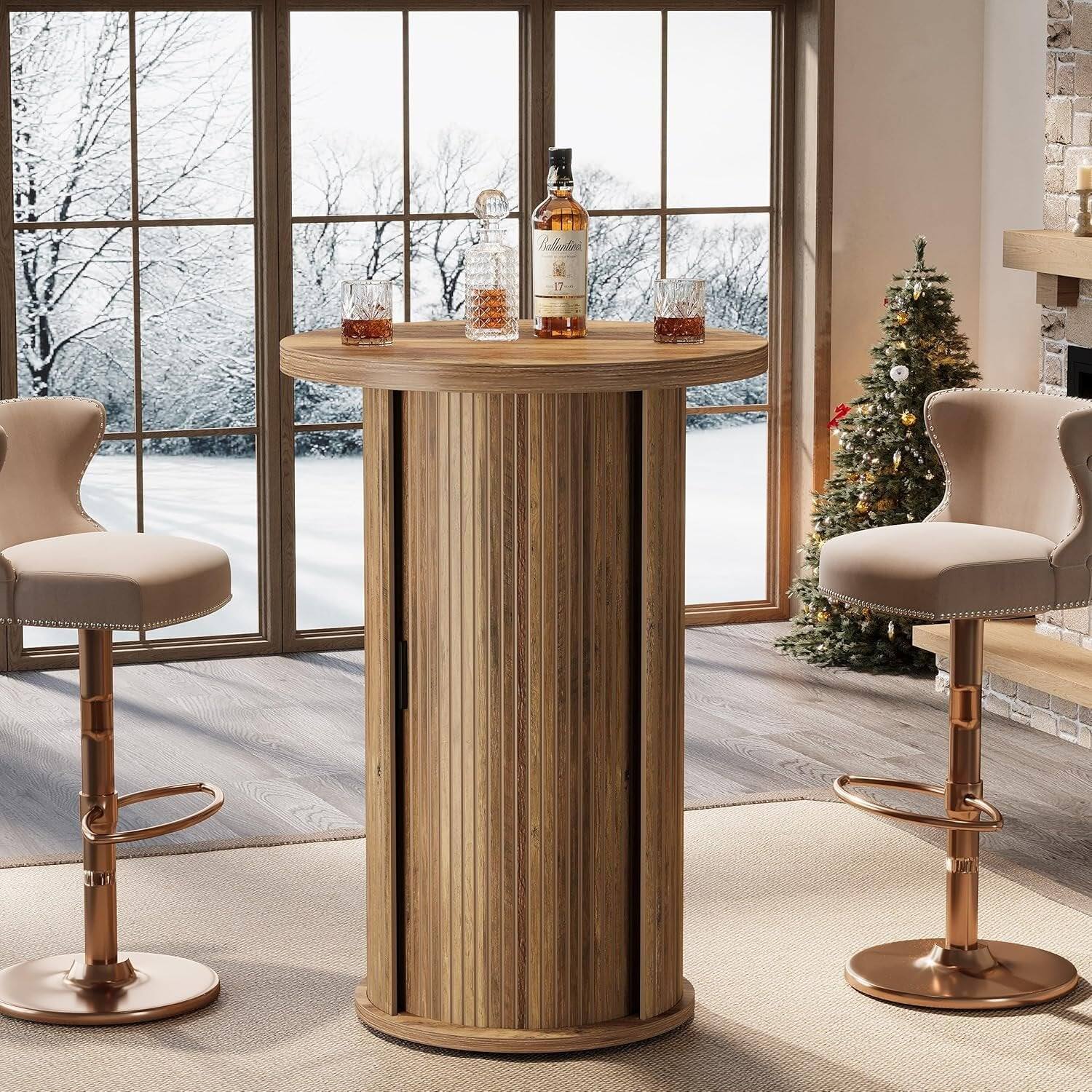 Angle. Tribesigns - Bar Table with Engineered Wood Construction, Storage Shelves and Round Top for Dining Room and Kitchen - Brown.