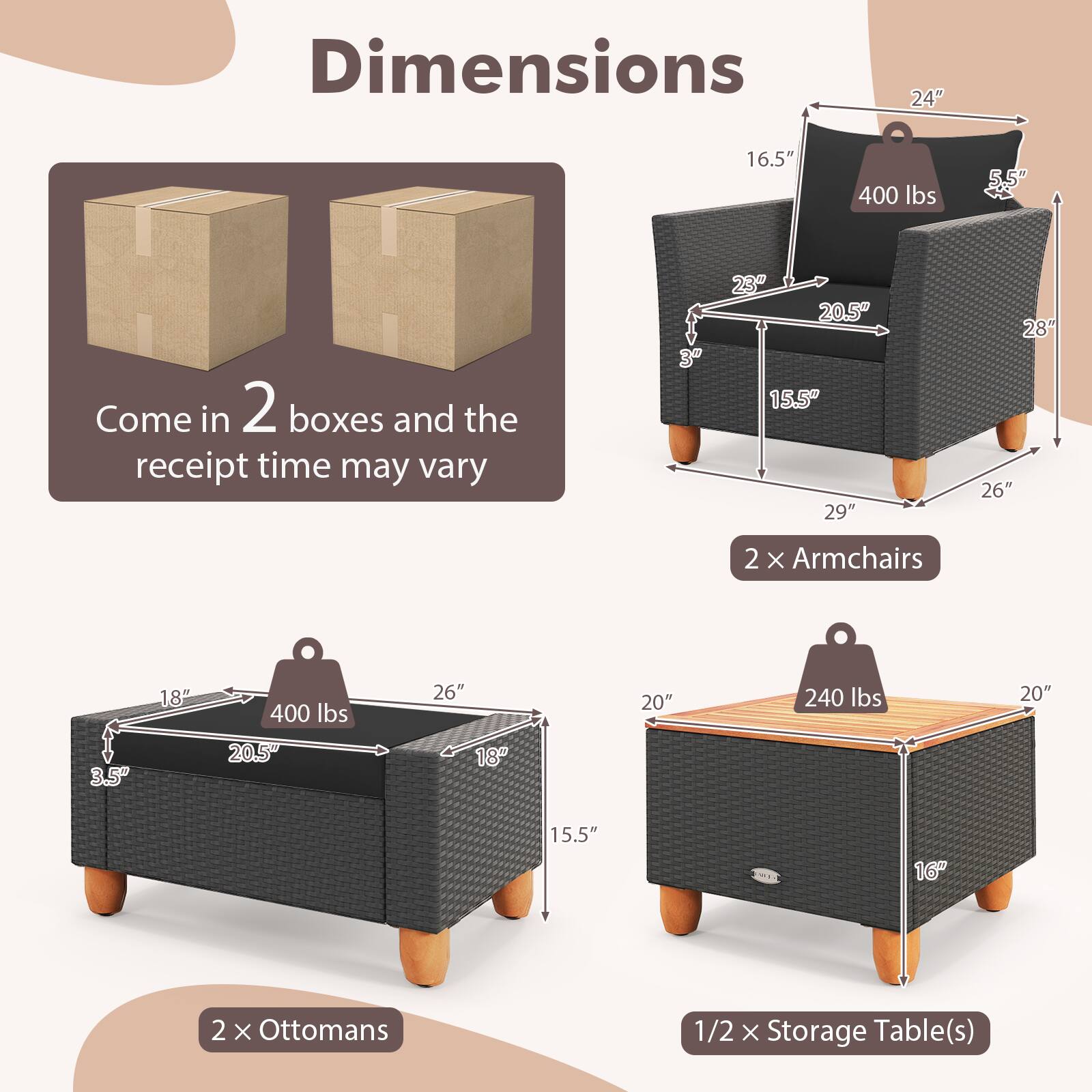 Dimensions:  
- 24" x 16.5" x 5.5" (Armchair)  
- 29" x 23" x 15.5" x 26" (Armchair)  
- 20.5" x 18" x 3.5" x 26" (Ottoman)  
- 20" x 15.5" x 16" x 20" (Storage Table)  

Weight:  
- 400 lbs (Armchair)  
- 400 lbs (Ottoman)  
- 240 lbs (Storage Table)  

Additional Info:  
- 2 x Armchairs  
- 2 x Ottomans  
- 1/2 x Storage Table(s)  
- Come in 2 boxes and the receipt time may vary