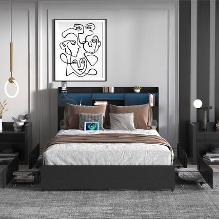 Front. GOODSILO - Queen Size Storage Bed Frame with Headboard, Charging Station, and 4 Large Drawers for Enhanced Bedroom Organization - Black.