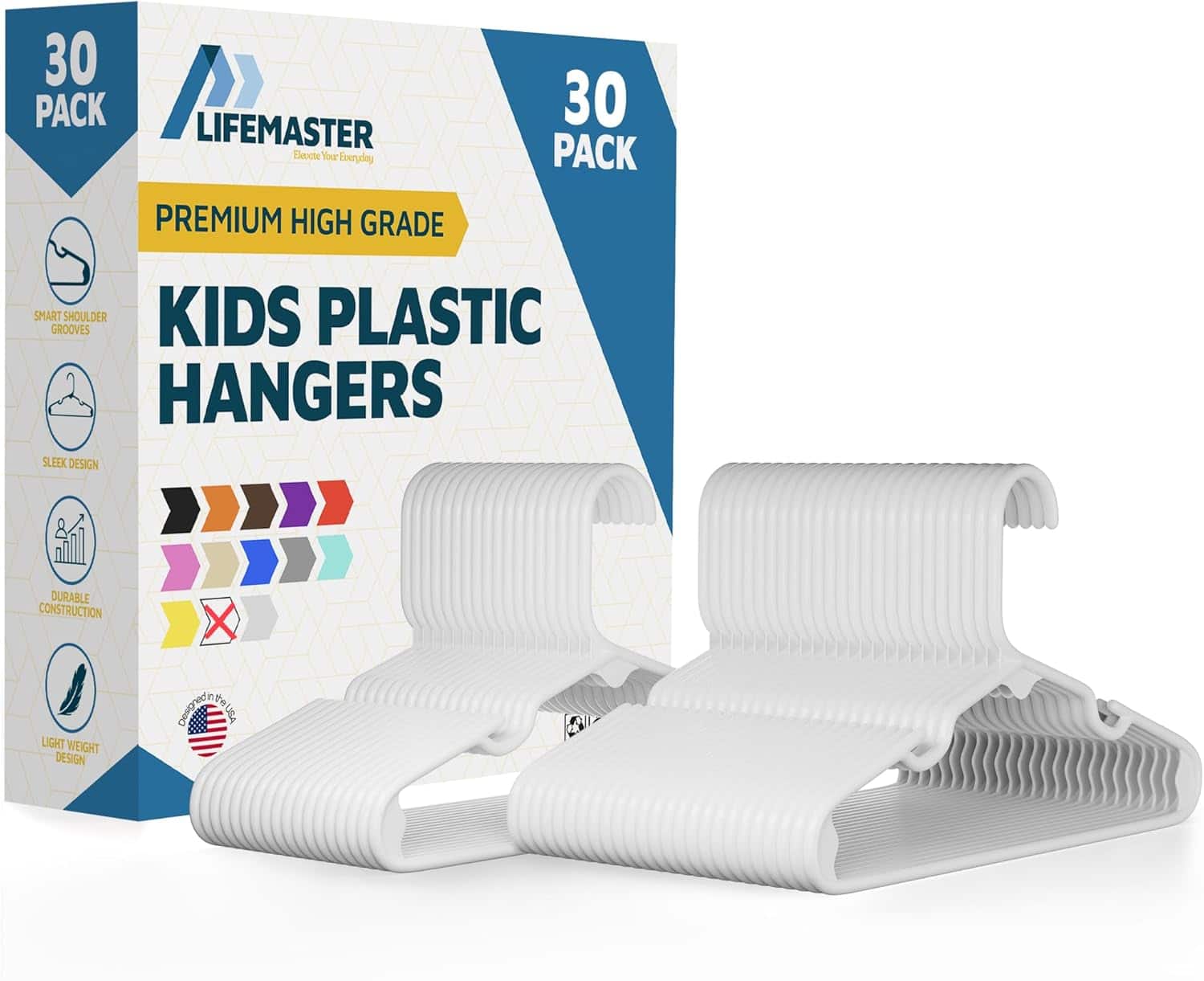 Lifemaster - Kids Clothes Hangers – 30-Pack, 11.6" Plastic Hangers with Shoulder Notch, Space-Saving, Holds 5 lbs - White