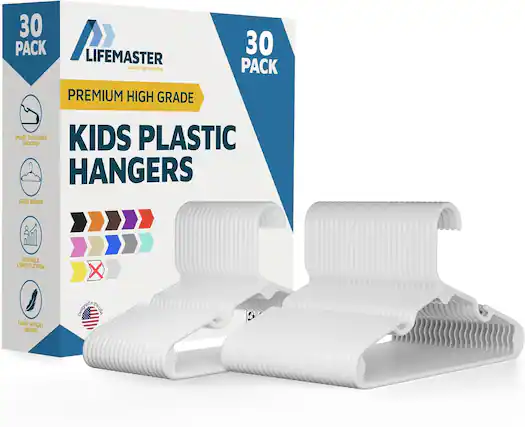 30 PACK LIFEMASTER PREMIUM HIGH GRADE 30 PACK SMART SHOULDER GROOVES SLEEK DESIGN DURABLE CONSTRUCTION LIGHT WEIGHT DESIGN KIDS PLASTIC HANGERS