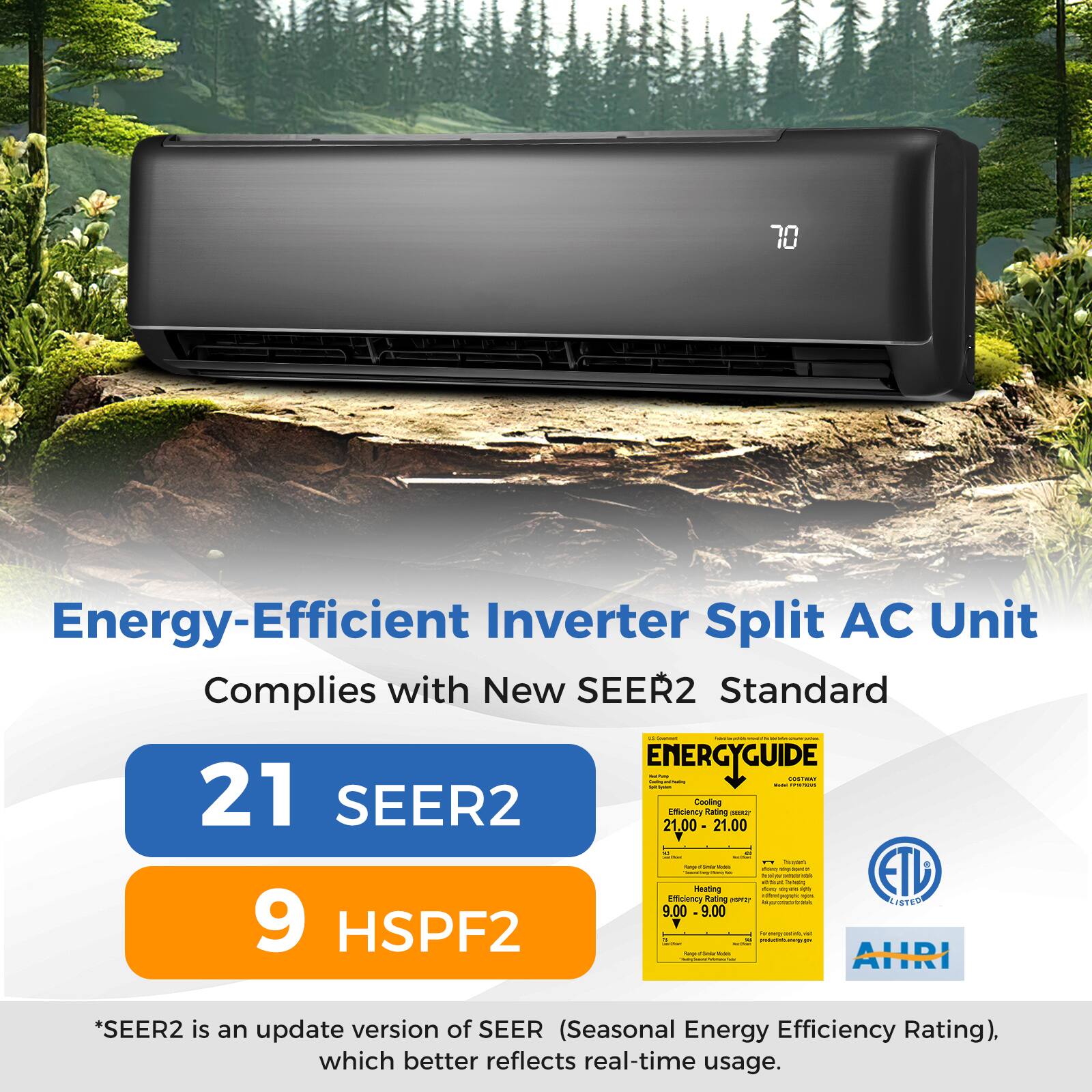 Energy-Efficient Inverter Split AC Unit Complies with New SEER2 Standard

21 SEER2
21.00 Efficiency Rating
9 HSPF2

*SEER2 is an update version of SEER (Seasonal Energy Efficiency Rating), which better reflects real-time usage.