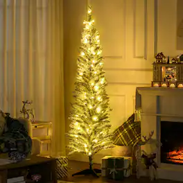 VAVSEA - 6 ft Pre-Lit Pencil Christmas Tree, 390 Tips Slim Artificial Xmas Tree with 170 Warm White LED Lights & Stand - Green