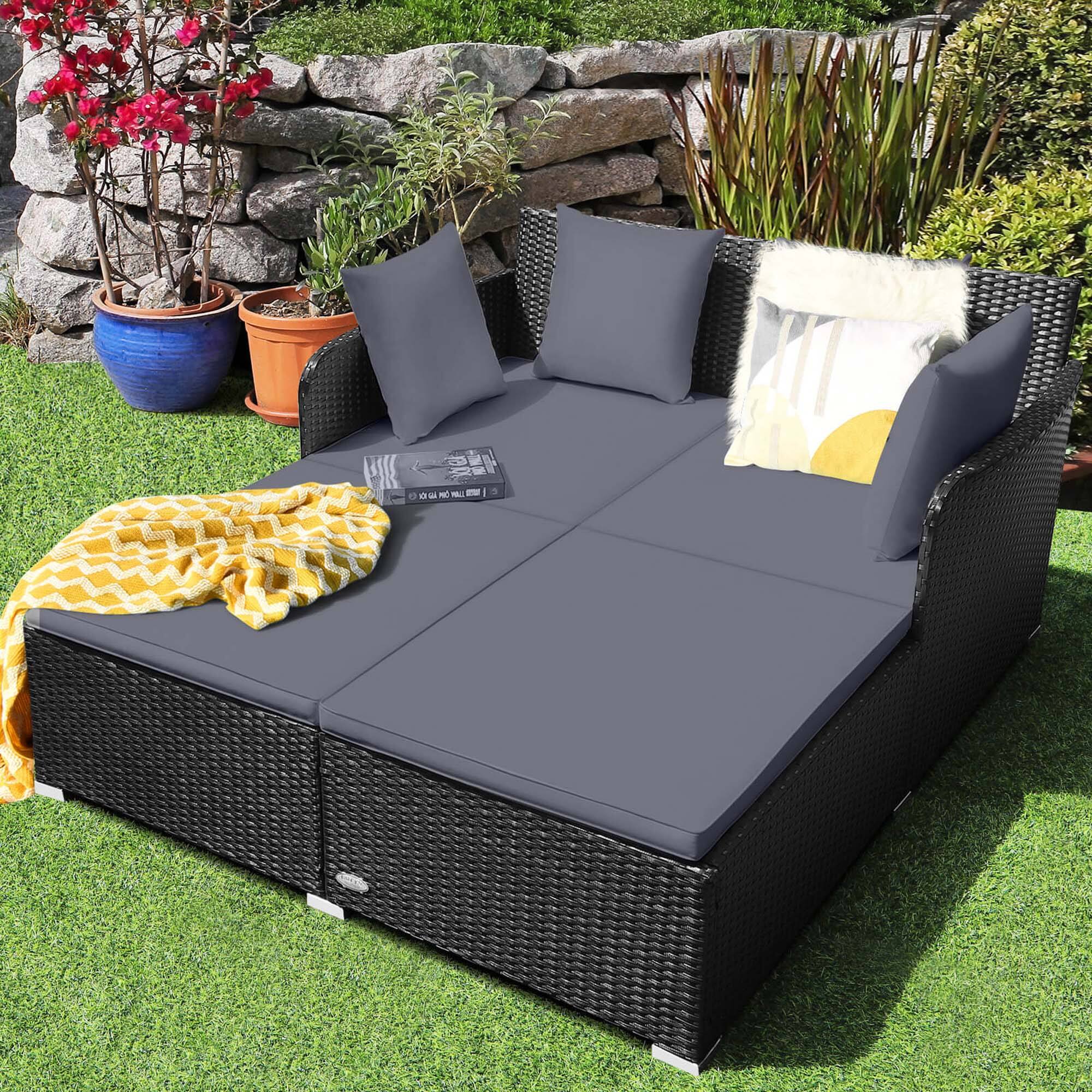 Alt View 3. Costway - Outdoor Patio Rattan Daybed Pillows Cushioned Sofa Furniture - Gray.