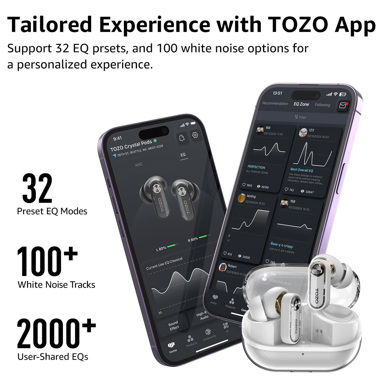 Tailored Experience with TOZO App Support 32 EQ presets, and 100 white noise options for a personalized experience. 32 Preset EQ Modes 100+ White Noise Tracks 2000+ User-Shared EQs
