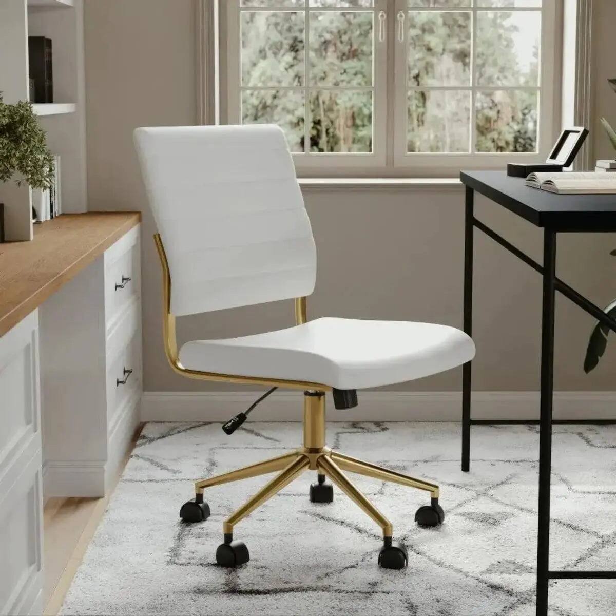 Alt View 3. Martha Stewart - Elegant Armless Swivel Office Chair for Home & Desk - White Faux Leather/Polished Brass.
