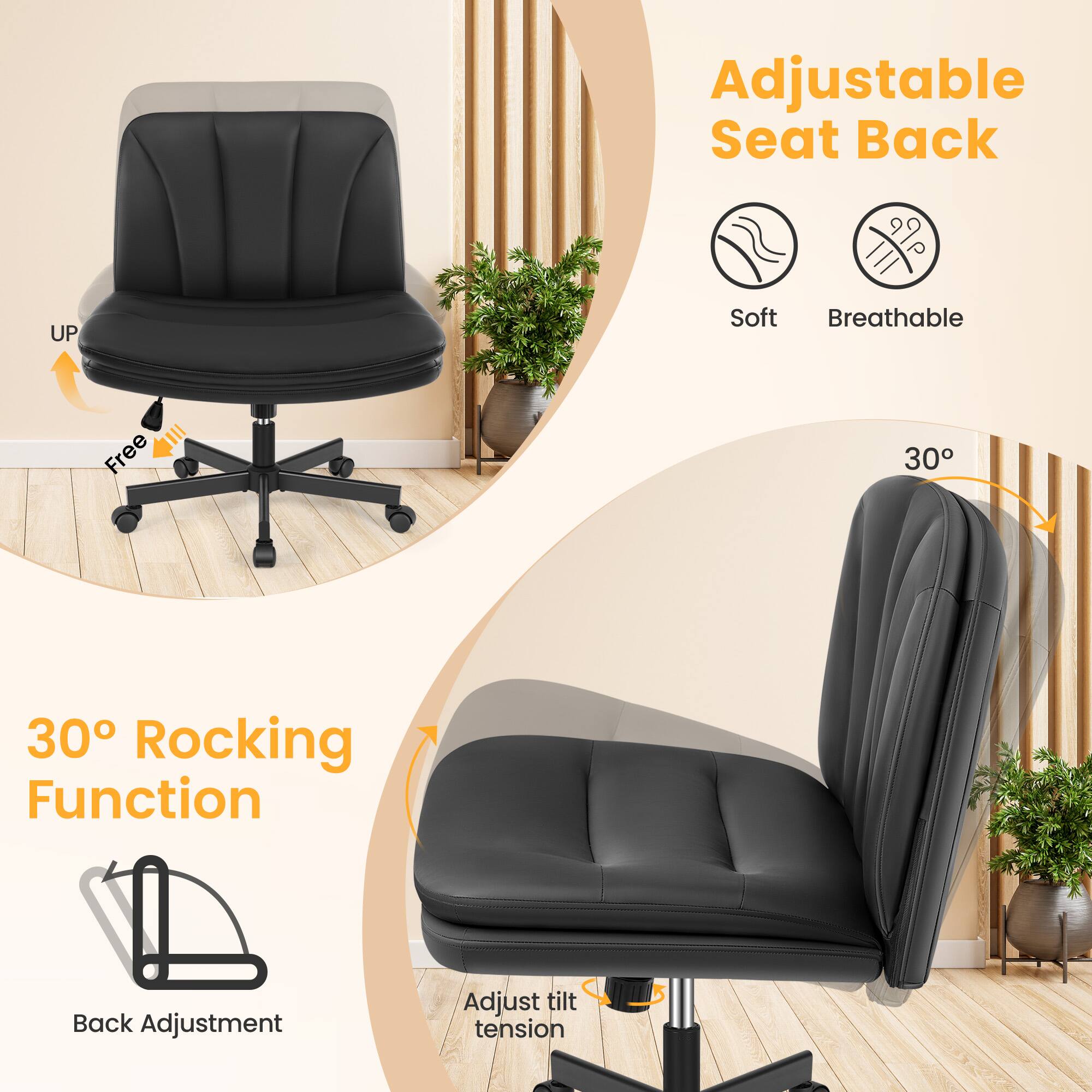 Adjustable Seat Back  
- Soft  
- Breathable  

30° Rocking Function  
- Back Adjustment  
- Adjust tilt tension  

UP  
Free