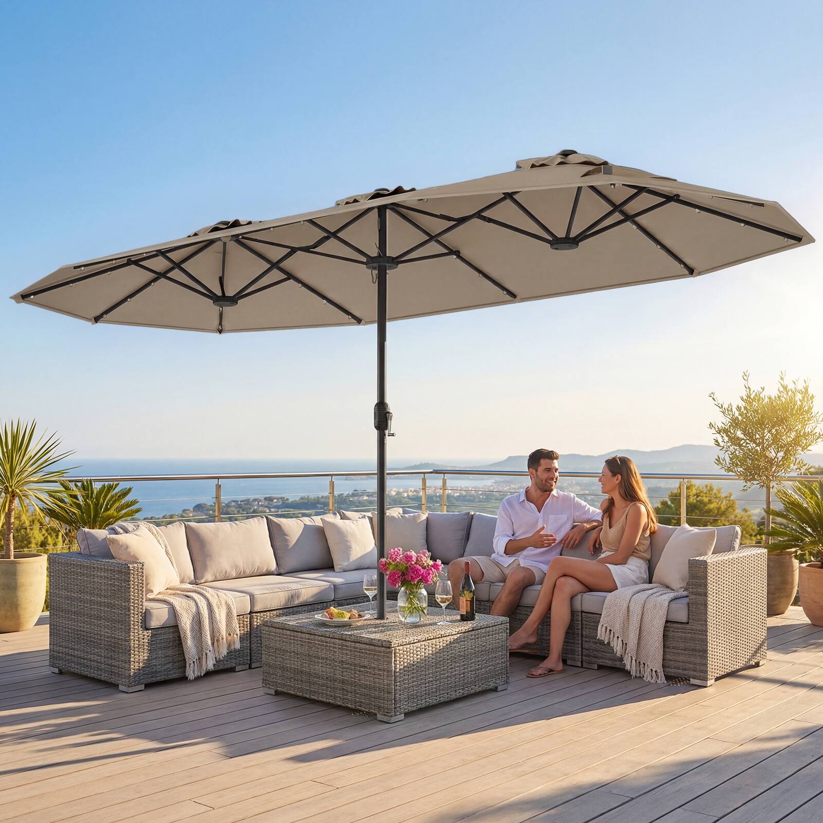 Alt View 3. Costway - Costway 13FT Double-sided Patio Umbrella with Solar Lights Crank Handle Umbrella Base - Tan.