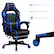 The image features a blue and black gaming chair with a thick and breathable seat. It is made of sturdy nylon material and has 360 swivel wheels for easy movement. The chair is designed for comfortable gaming sessions and is suitable for prolonged use.