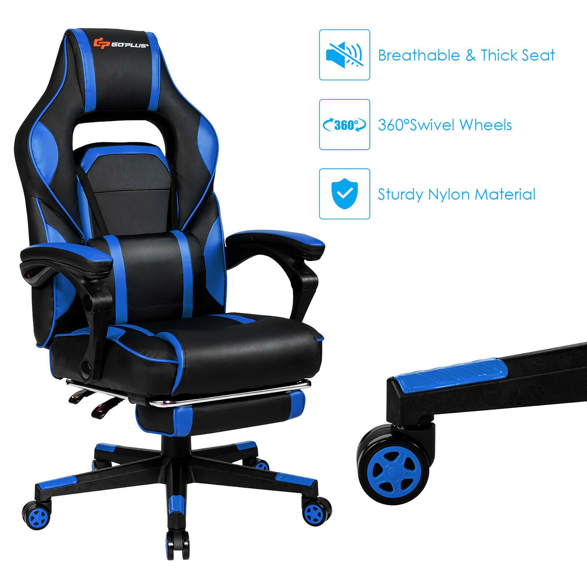 The image features a blue and black gaming chair with a thick and breathable seat. It is made of sturdy nylon material and has 360 swivel wheels for easy movement. The chair is designed for comfortable gaming sessions and is suitable for prolonged use.