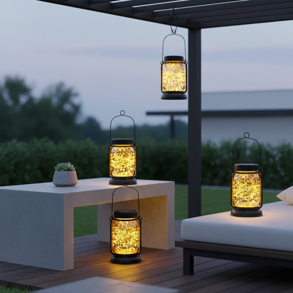 Alt View 3. FINEAK - 18.9" 4 Pack Solar Hanging Lanterns - Waterproof Mason Jar Fairy Lights with Stakes (Warm White) - Black.