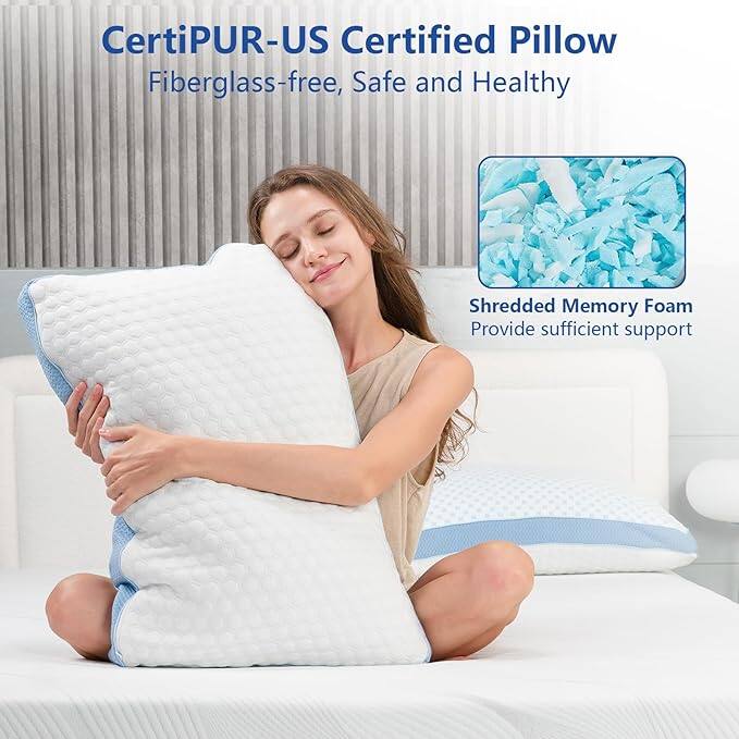 CertiPUR-US Certified Pillow, Fiberglass-free, Safe and Healthy. Shredded Memory Foam provides sufficient support.