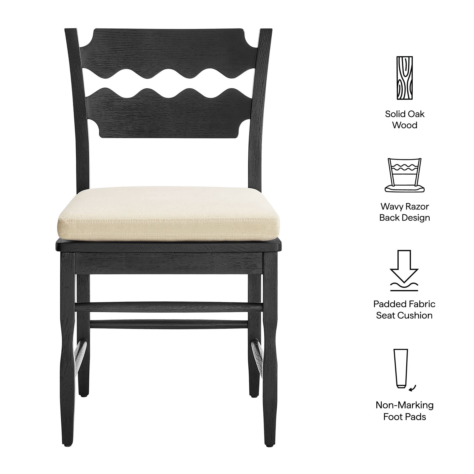 Solid Oak Wood Wavy Razor Back Design Padded Fabric Seat Cushion Non-Marking Foot Pads
