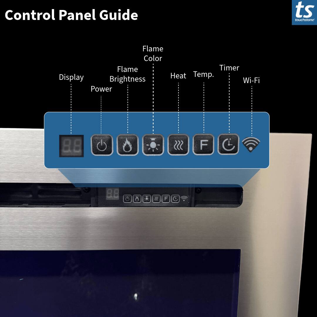 Control Panel Guide  
ts touchstone  
Flame Color  
Flame Timer  
Display  
Heat Temp.  
Brightness  
Wi-Fi  
Power  
8.8  
SSS  
F  
C  
8.8  
0