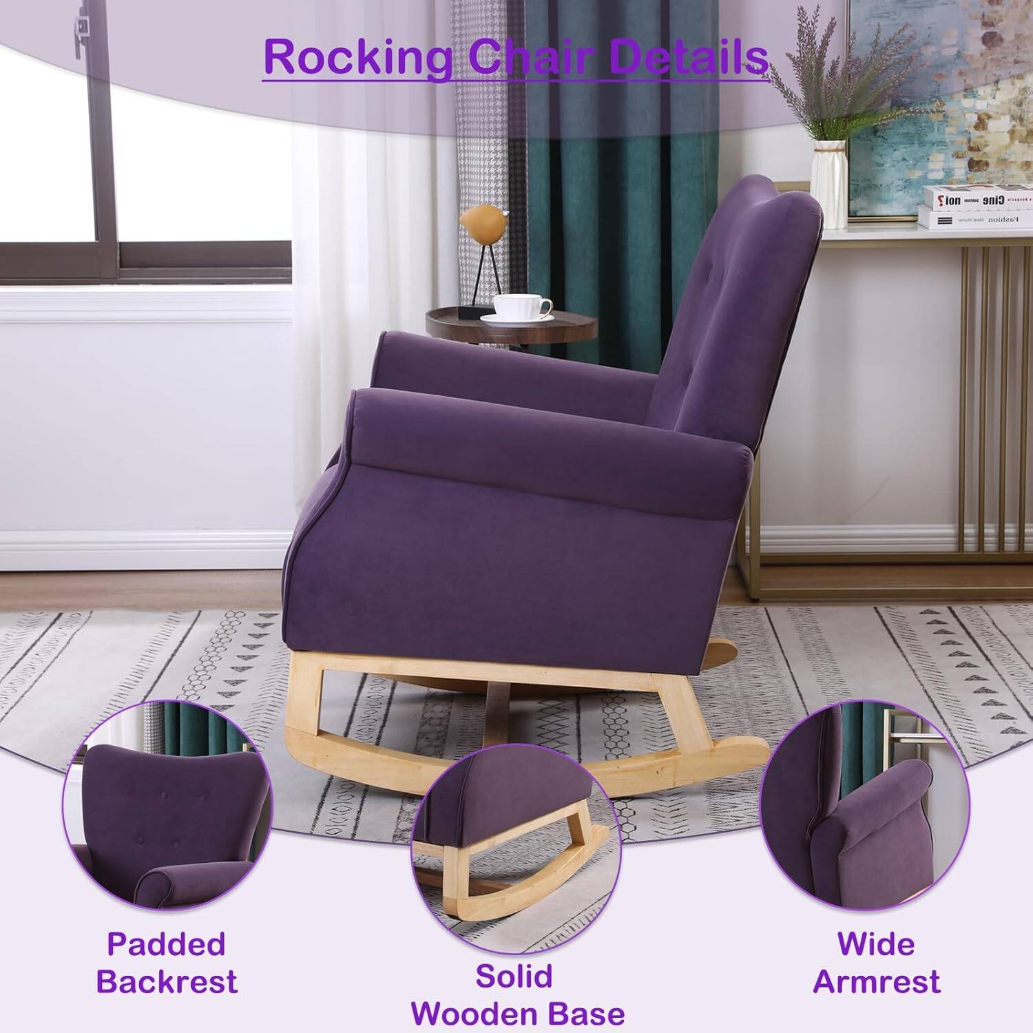 Rocking Chair Details

- Padded Backrest
- Solid Wooden Base
- Wide Armrest