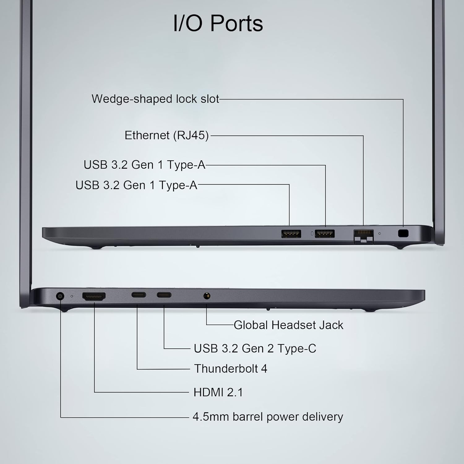 I/O Ports

- Wedge-shaped lock slot
- Ethernet (RJ45)
- USB 3.2 Gen 1 Type-A
- USB 3.2 Gen 1 Type-A
- Global Headset Jack
- USB 3.2 Gen 2 Type-C
- Thunderbolt 4
- HDMI 2.1
- 4.5mm barrel power delivery