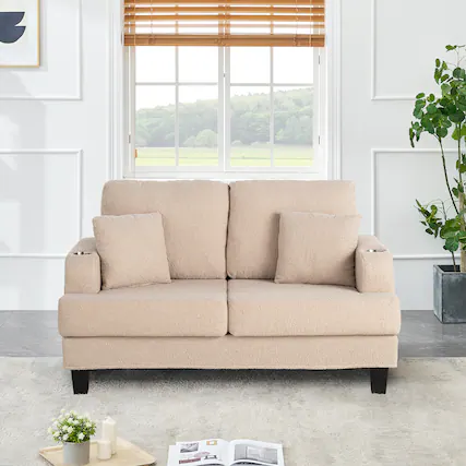 Front. Parrot Uncle - 60" Loveseat Sofa with 2 Cup Holders and 2 Throw Pillows, Modern Upholstered 2-Seater Couch for Living Room or Apartment - Beige.