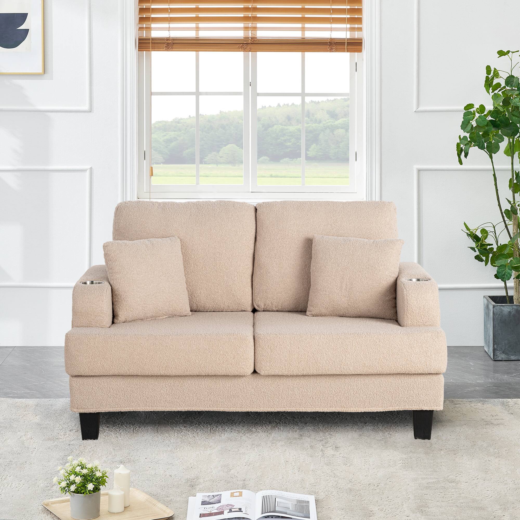 Back. Vaczon - 60" Loveseat Sofa with 2 Cup Holders and 2 Throw Pillows, Modern Upholstered 2-Seater Couch for Living Room or Apartment - Beige.