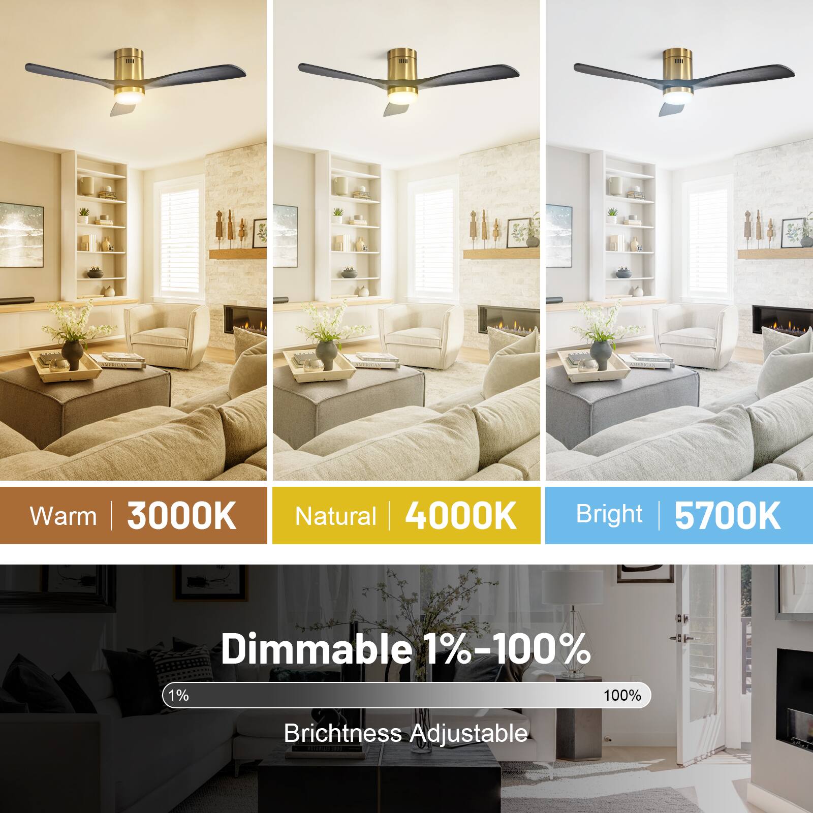 Warm | 3000K  
Natural | 4000K  
Bright | 5700K  

Dimmable 1%-100%  
Brightness Adjustable