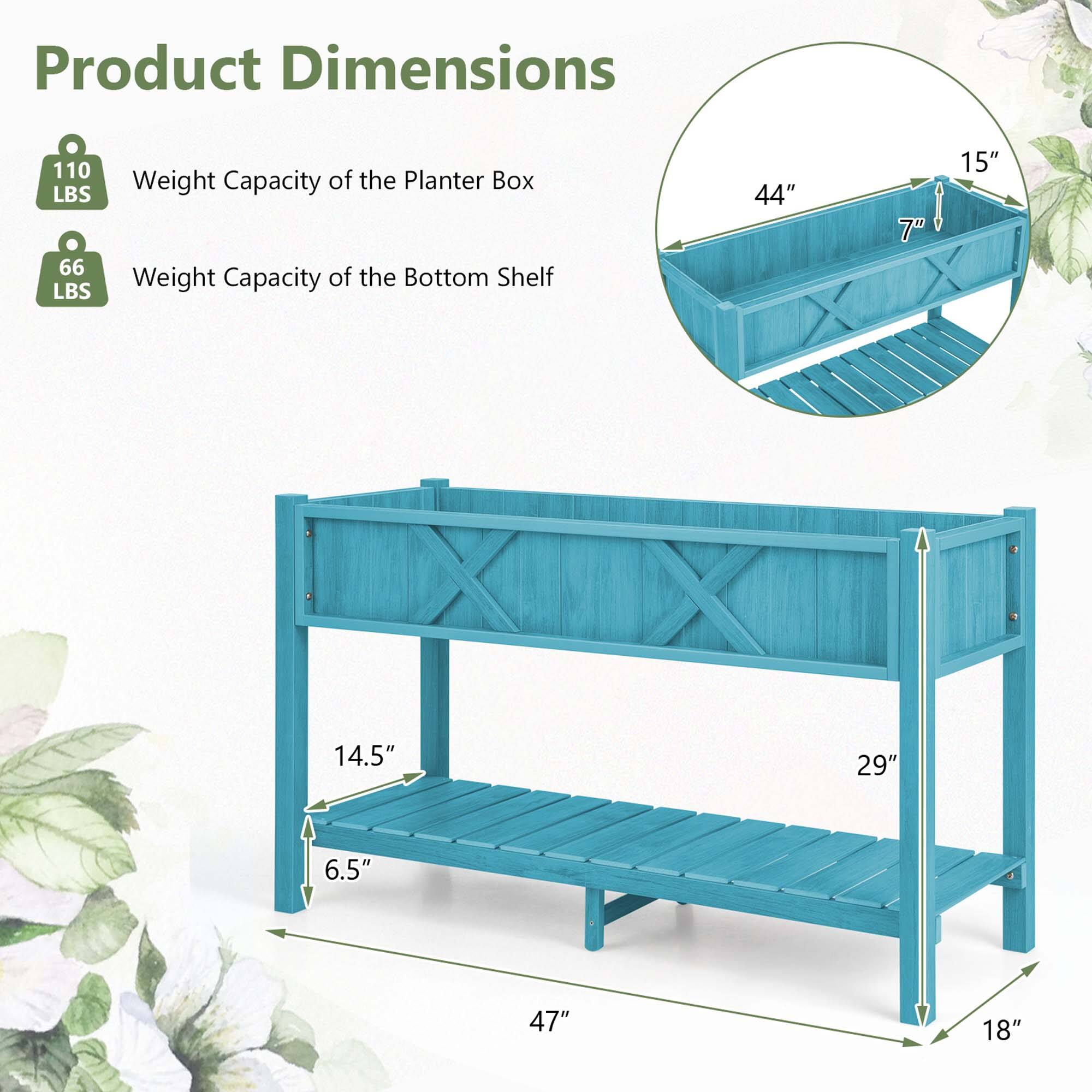 Product Dimensions: 110 LBS weight capacity of the planter box, 66 LBS weight capacity of the bottom shelf.
