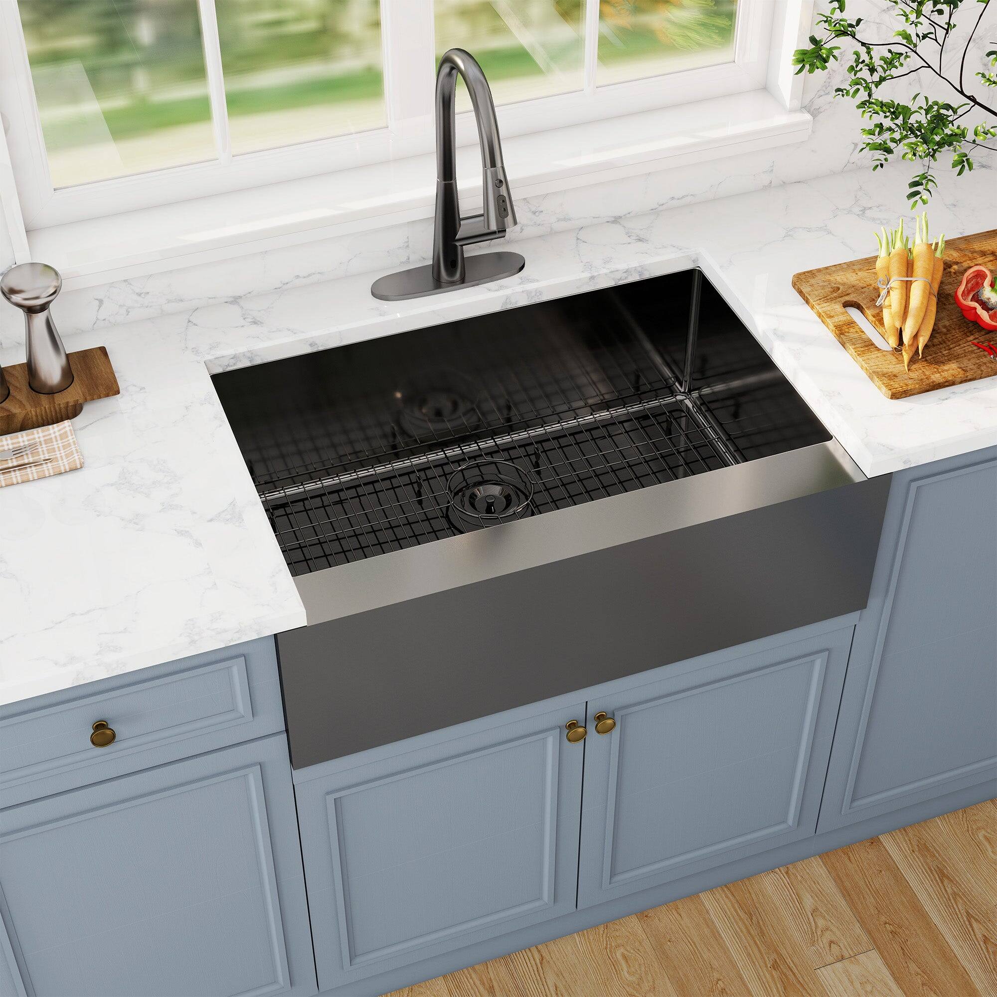 Alt View 4. Boyel Living - 33 in. Farmhouse Apron-Front Single Bowl 18-Gauge Gray Stainless Steel Kitchen Sink with Bottom Grid and Strainer Basket - Gray.