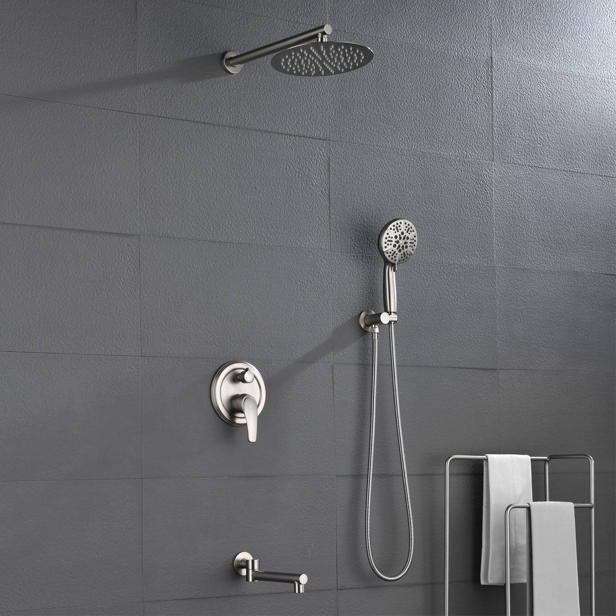 Alt View 1. Boyel Living - Brushed Nickel 10-Inch Rain Shower System Brass SUS304 3-Function Valve 7-Function Handheld 180° Spout cUPC - Brushed Nickel.