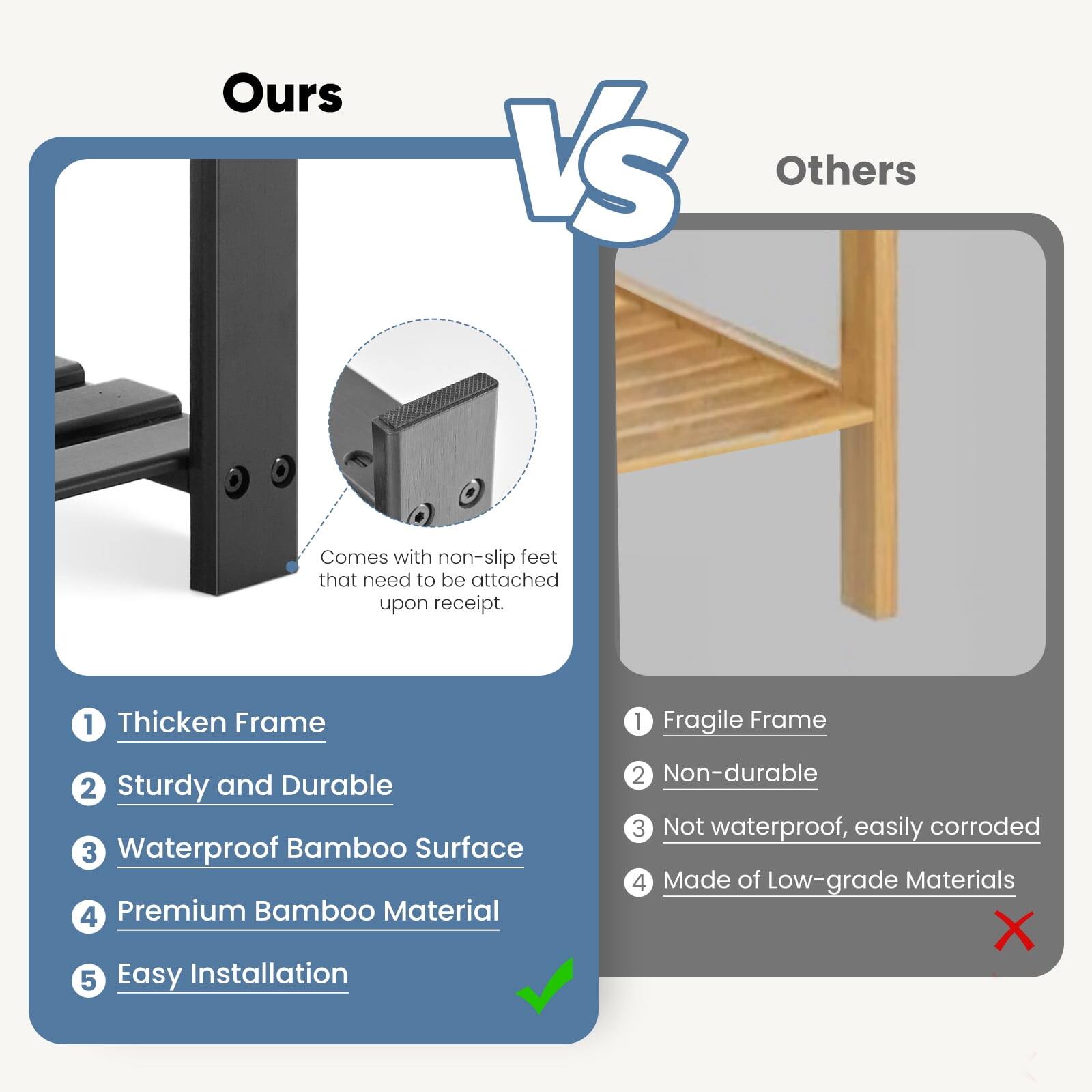 Ours vs Others

Comes with non-slip feet that need to be attached upon receipt.

1. Thickened Frame
2. Sturdy and Durable
3. Waterproof Bamboo Surface
4. Premium Bamboo Material
5. Easy Installation

1. Fragile Frame
2. Non-durable
3. Not waterproof, easily corroded
4. Made of Low-grade Materials