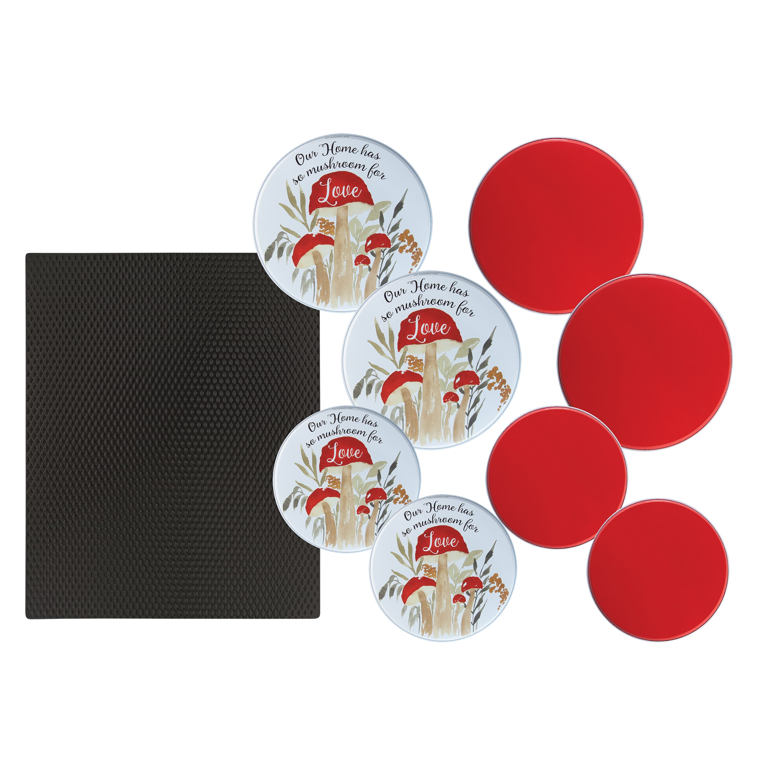 Range Kleen - 9-Piece 17 x 20-inch Black Matte Counter Mat and 4-pk Mushroom Love and 4-pk Solid Red Burner Cover Sets