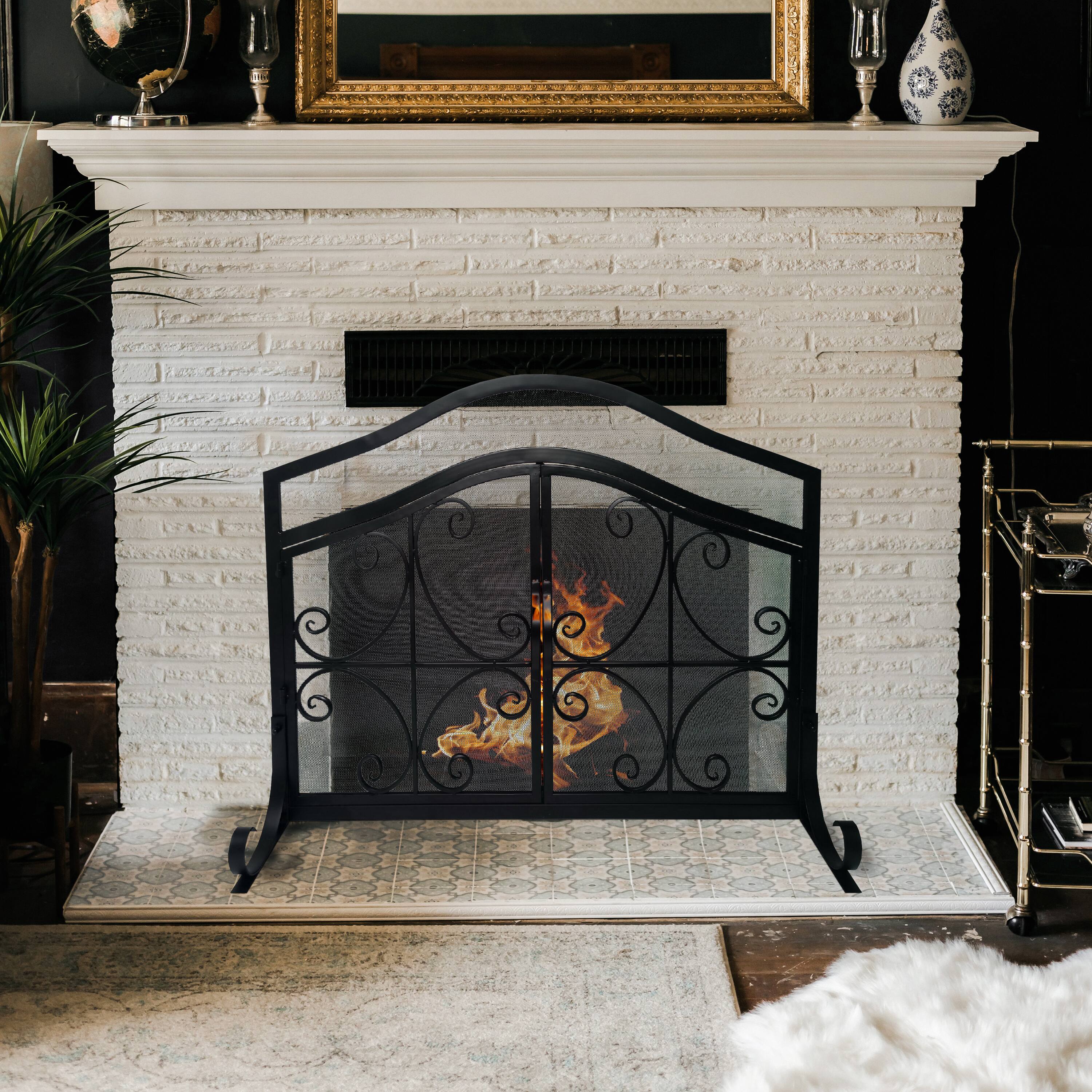 Alt View 7. Manhattan Lane - 43 Inches 2 Door Iron Fireplace Screen, Mesh Design, Scrollwork - Black.