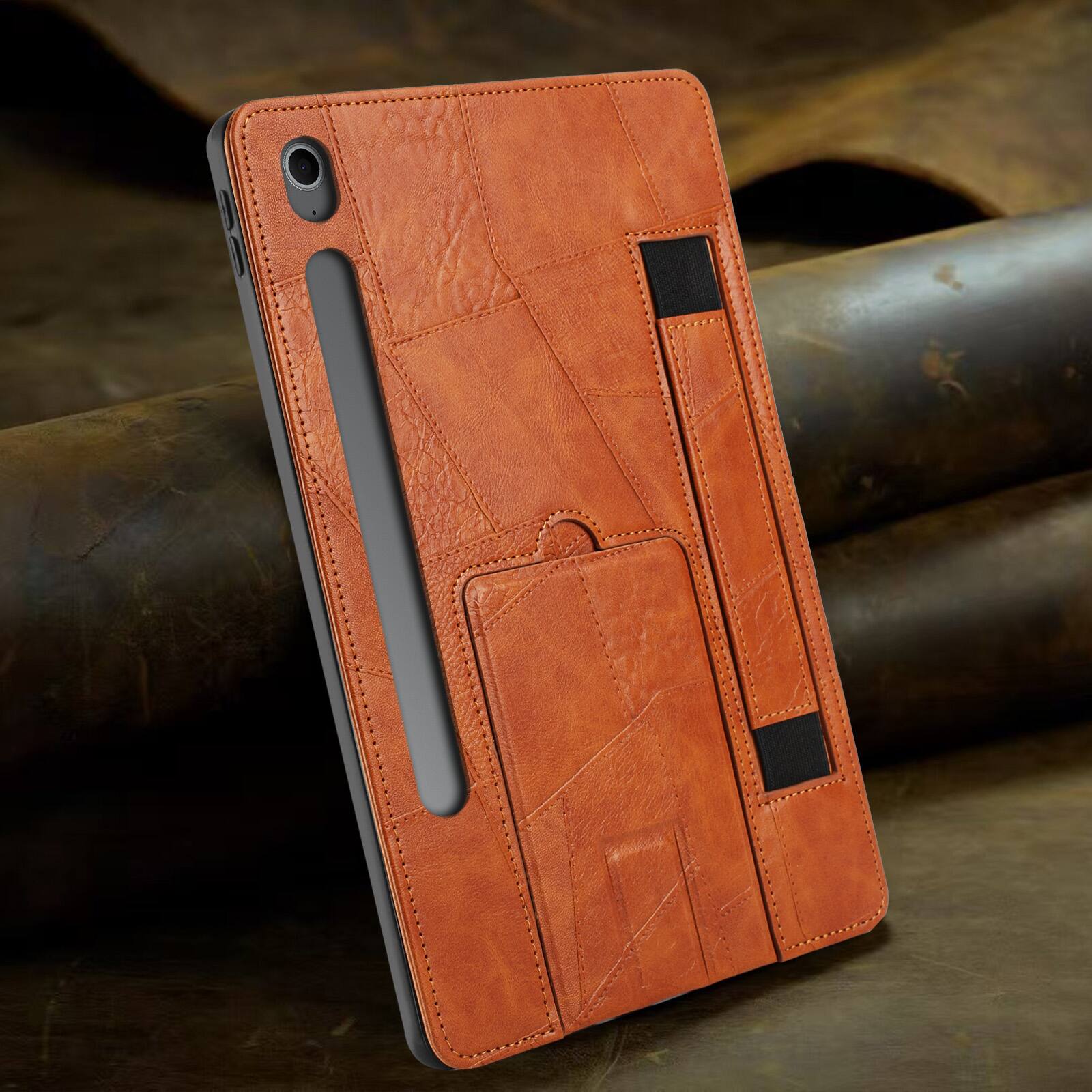 Left. Dteck - Leather Texture Case for Samsung Galaxy Tab S10 FE, Shockproof Cover with Multi-Angle Stand and Secure Hand Strap - Brown.