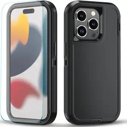 Front. Kitcheniva - Heavy Duty Shockproof Phone Cover With Tempered Glass For iPhone 14 Plus Black - Black.