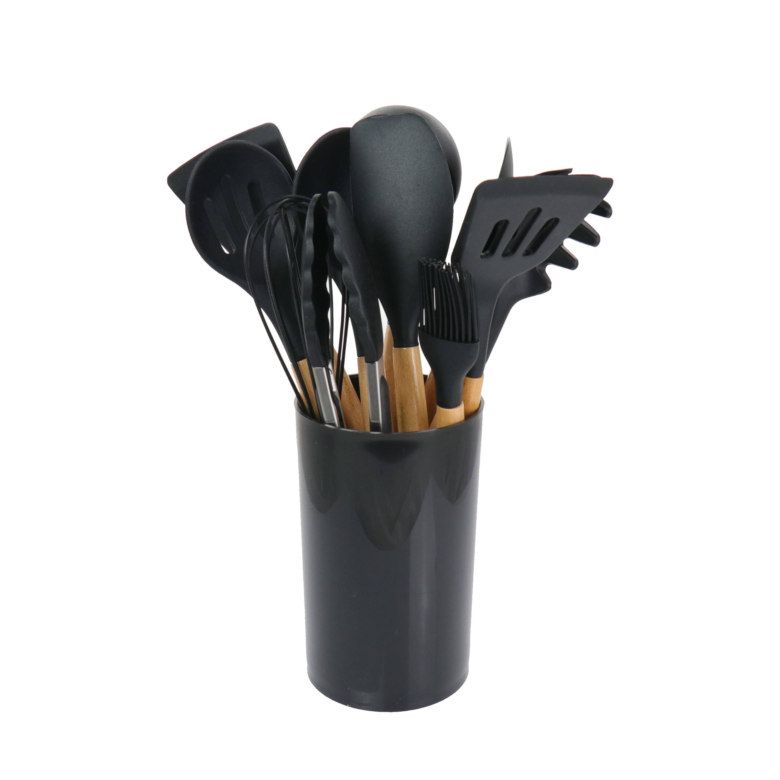 Alt View 2. MegaChef - MegaChef Black Silicone and Wood Cooking Utensils, Set of 12 - Black.