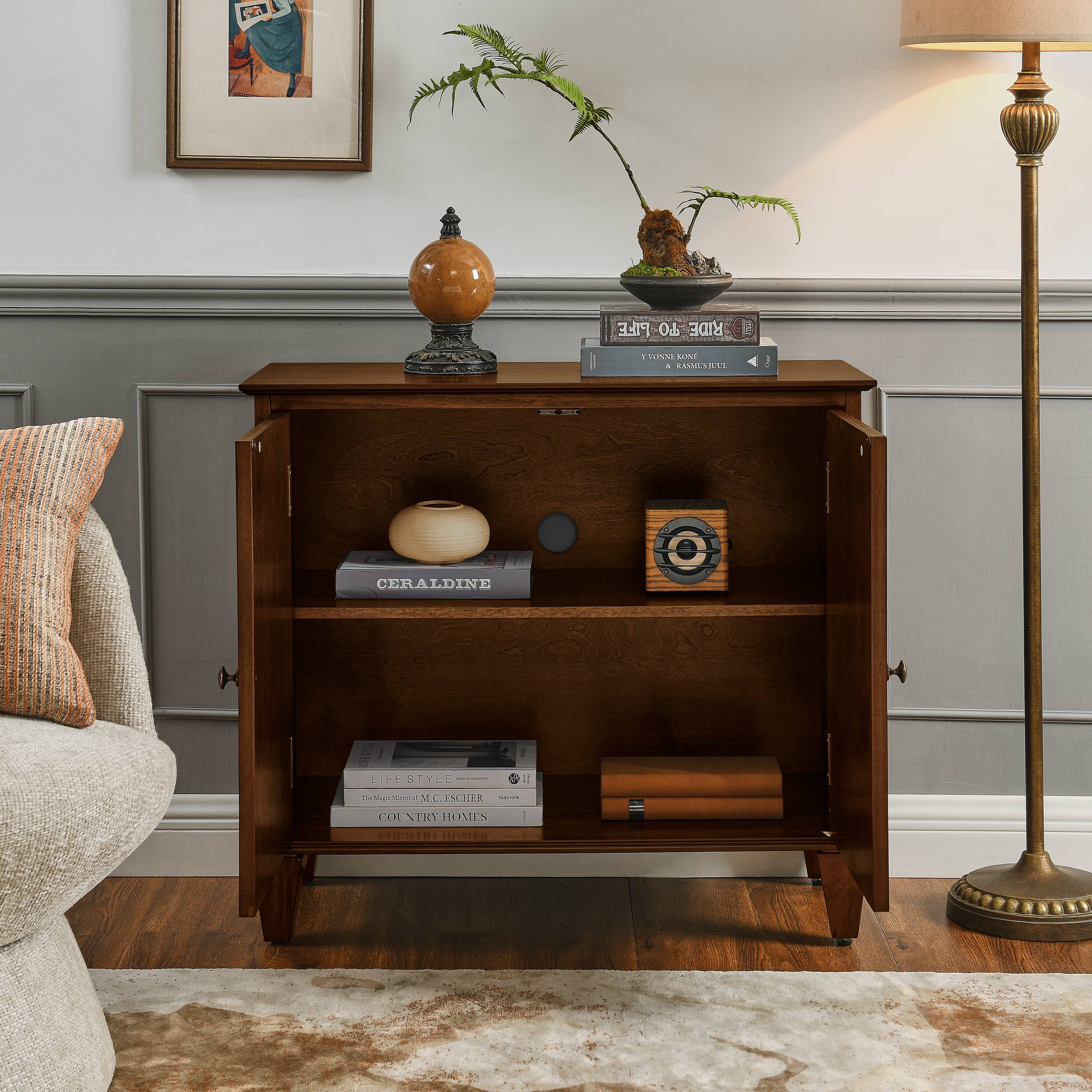 Lirago - Retro Wooden Sideboard Buffet Cabinet 15.75D x 29.96"H x 33.58"W Brown Rectangle Decorative Storage Bathroom Cabinet - Walnut