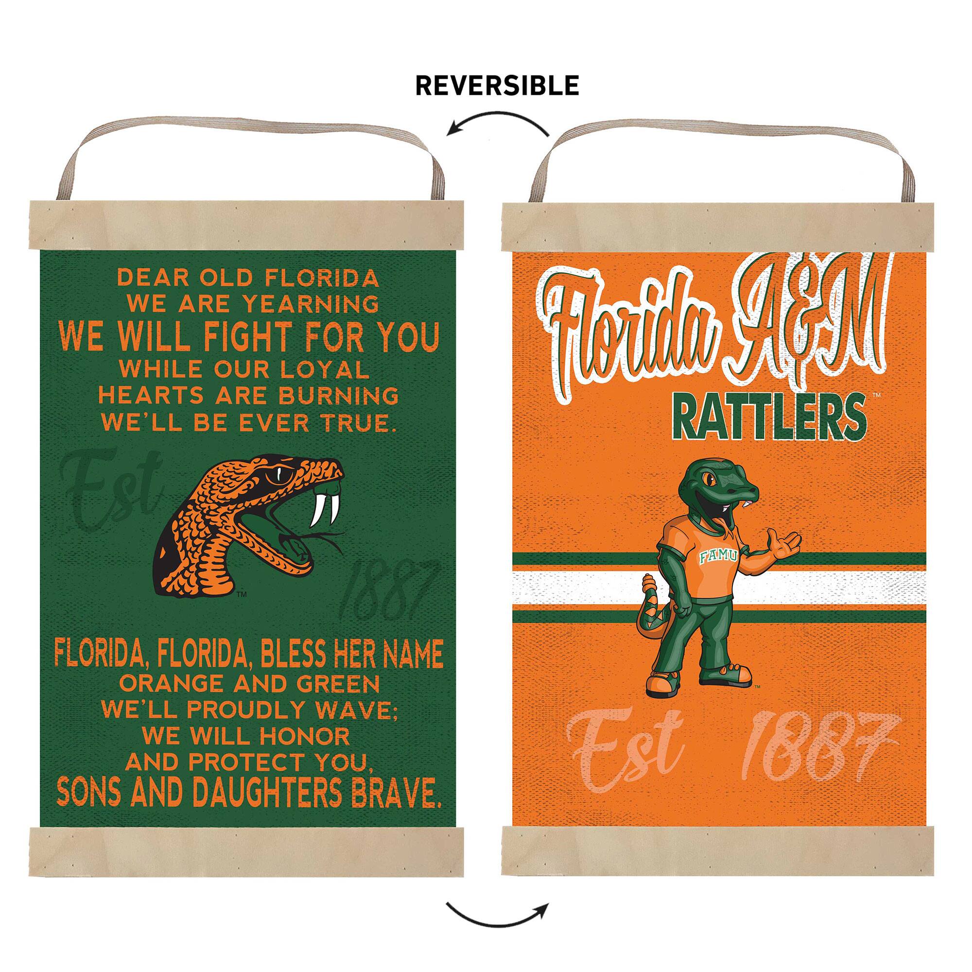 **Front Side:**

DEAR OLD FLORIDA  
WE ARE YEARNING  
WE WILL FIGHT FOR YOU  
WHILE OUR LOYAL HEARTS ARE BURNING  
WE'LL BE EVER TRUE.

FLORIDA, FLORIDA, BLESS HER NAME  
ORANGE AND GREEN  
WE'LL PROUDLY WAVE;  
WE WILL HONOR AND PROTECT YOU,  
SONS AND DAUGHTERS BRAVE.

Est 1887

**Back Side:**

Florida A&M  
RATTLERS

Est 1887