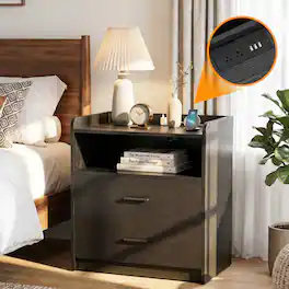 Aheaplus - 2 Drawer Nightstand with Charging Station, 23.6'' Wide Bedside with Open Shelves - Black