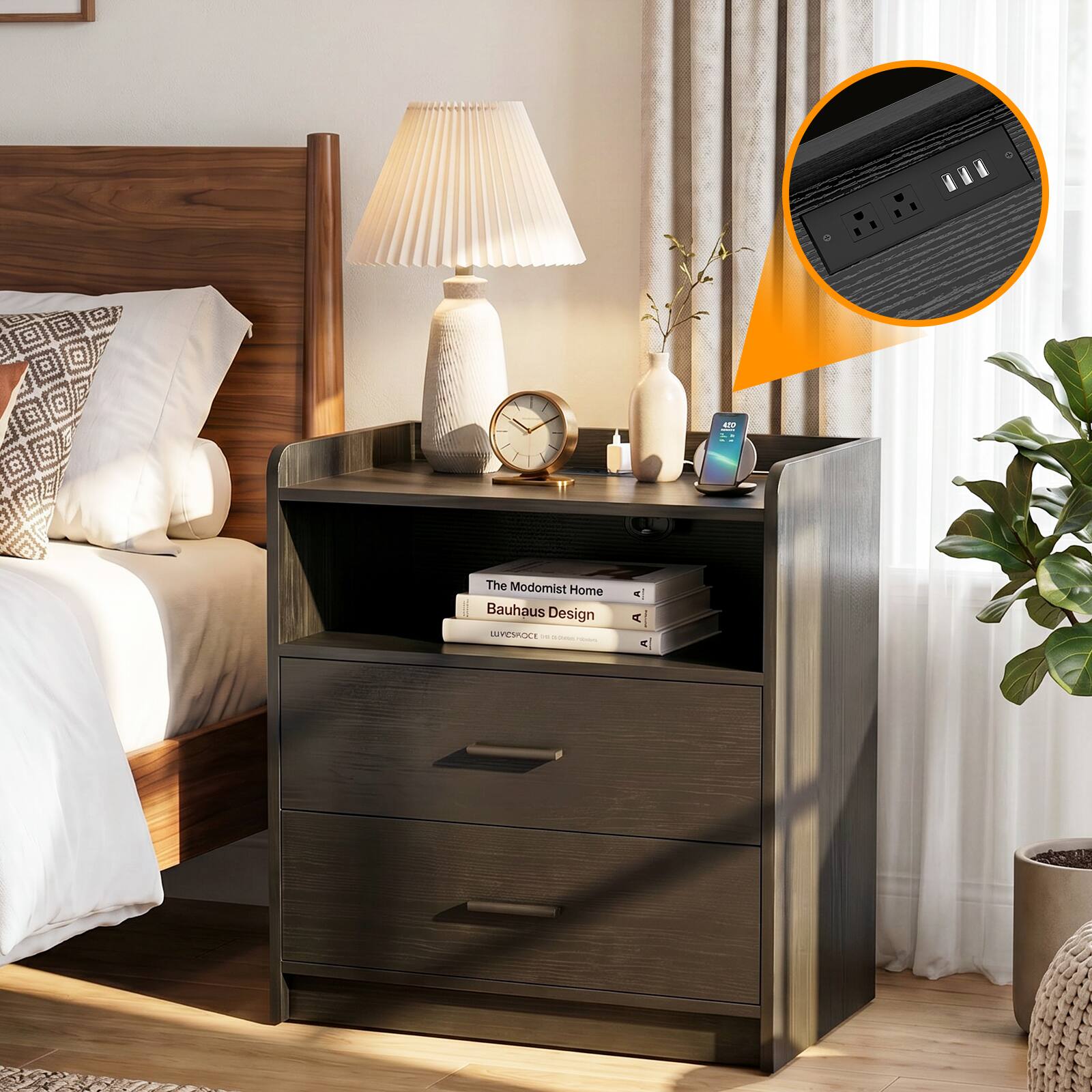 Aheaplus - 2 Drawer Nightstand with Charging Station, 23.6'' Wide Bedside with Open Shelves - Black