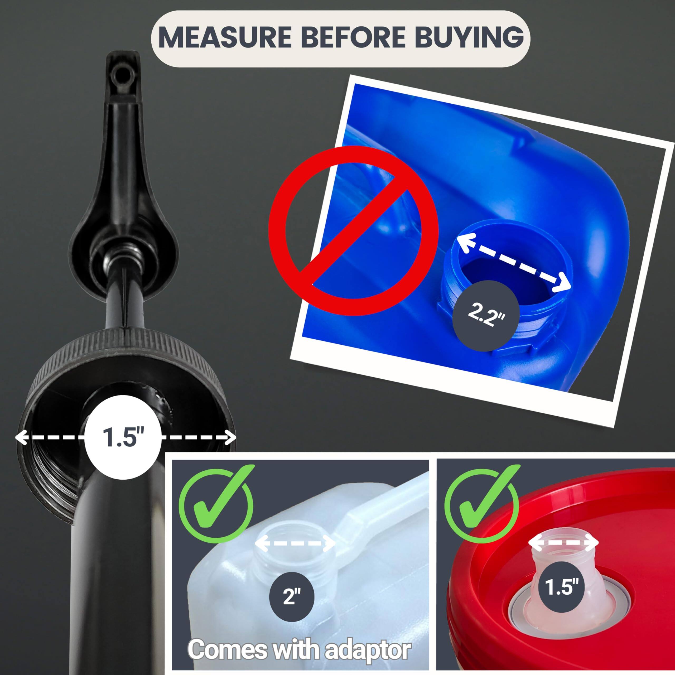 MEASURE BEFORE BUYING

1.5"

2.2" (Not Compatible)

2" (Compatible with adaptor)

1.5" (Compatible)