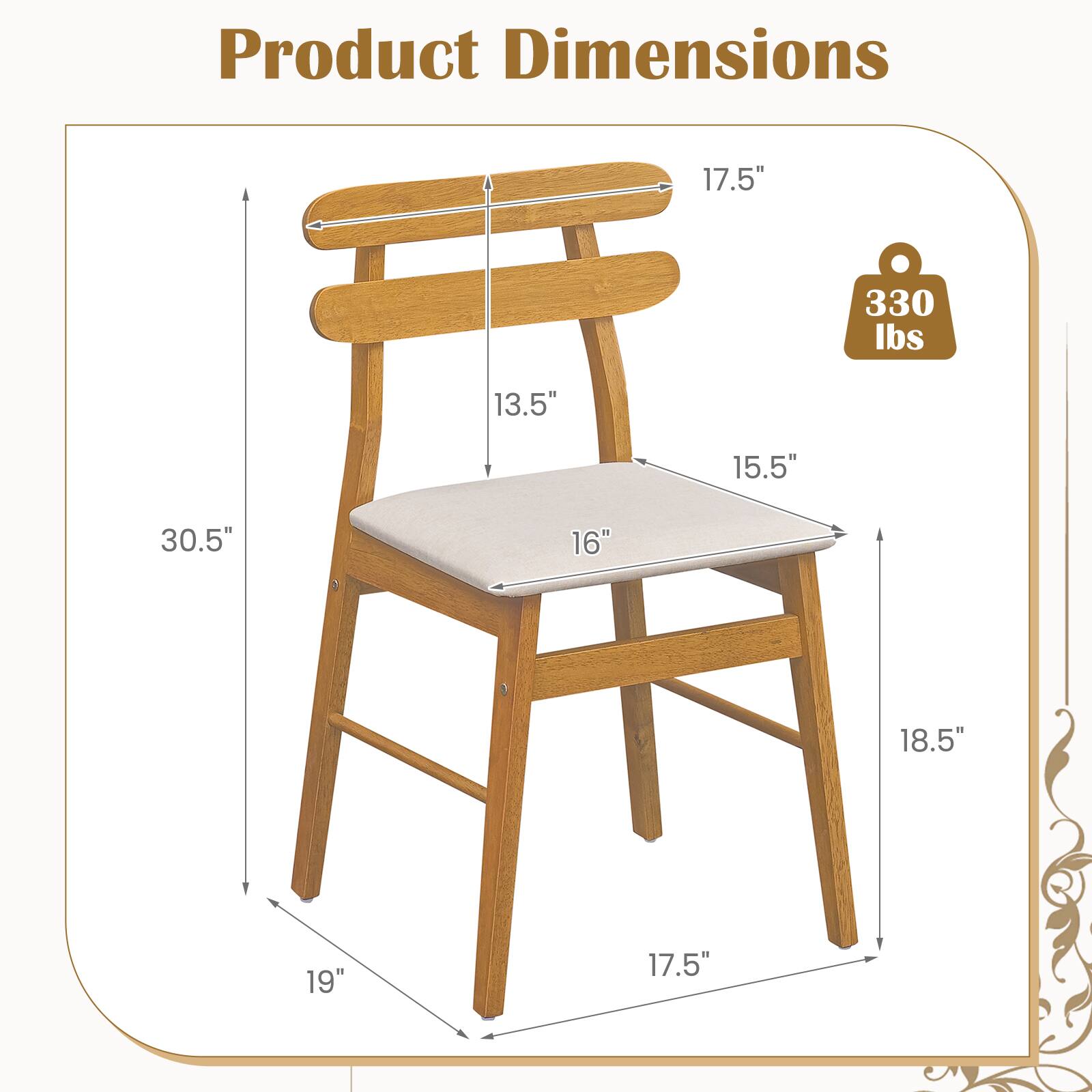 Product Dimensions

- 17.5"
- 330 lbs
- 13.5"
- 15.5"
- 30.5"
- 16"
- 18.5"
- 19"
- 17.5"