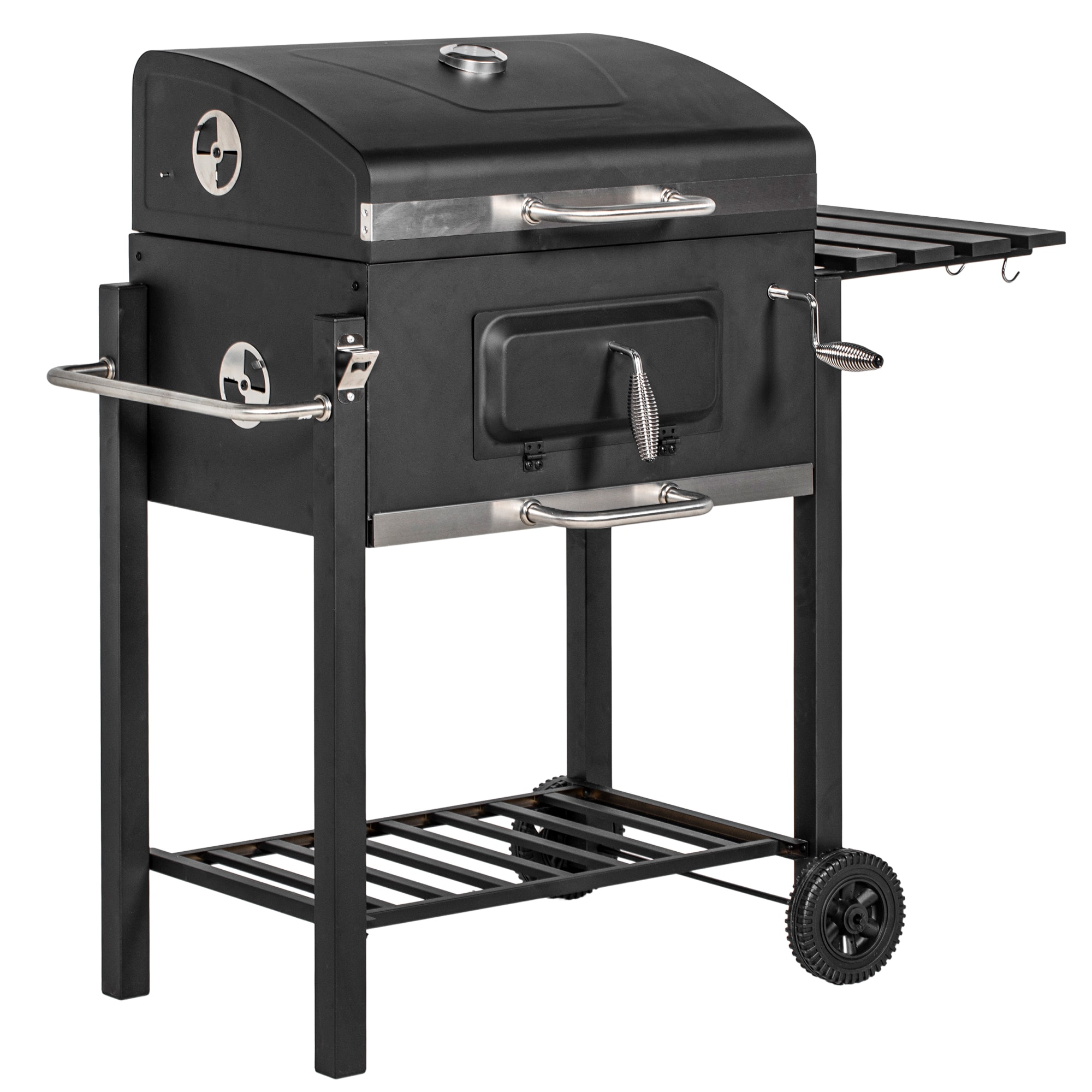 Chateau Abodes - Charcoal BBQ Grill with Side Table, Storage Shelf, Wheels & Handle, Portable Outdoor Cooker for Camping & Backyard - Black
