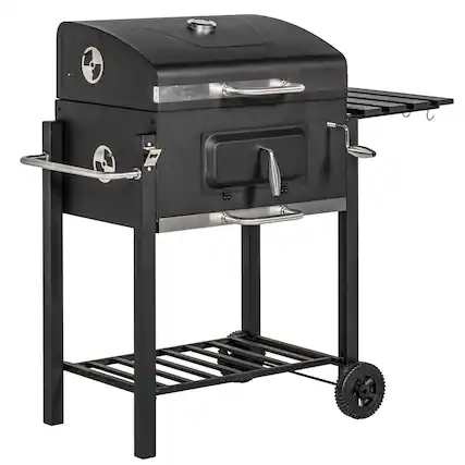 Front. Chateau Abodes - Charcoal BBQ Grill with Side Table, Storage Shelf, Wheels & Handle, Portable Outdoor Cooker for Camping & Backyard - Black.