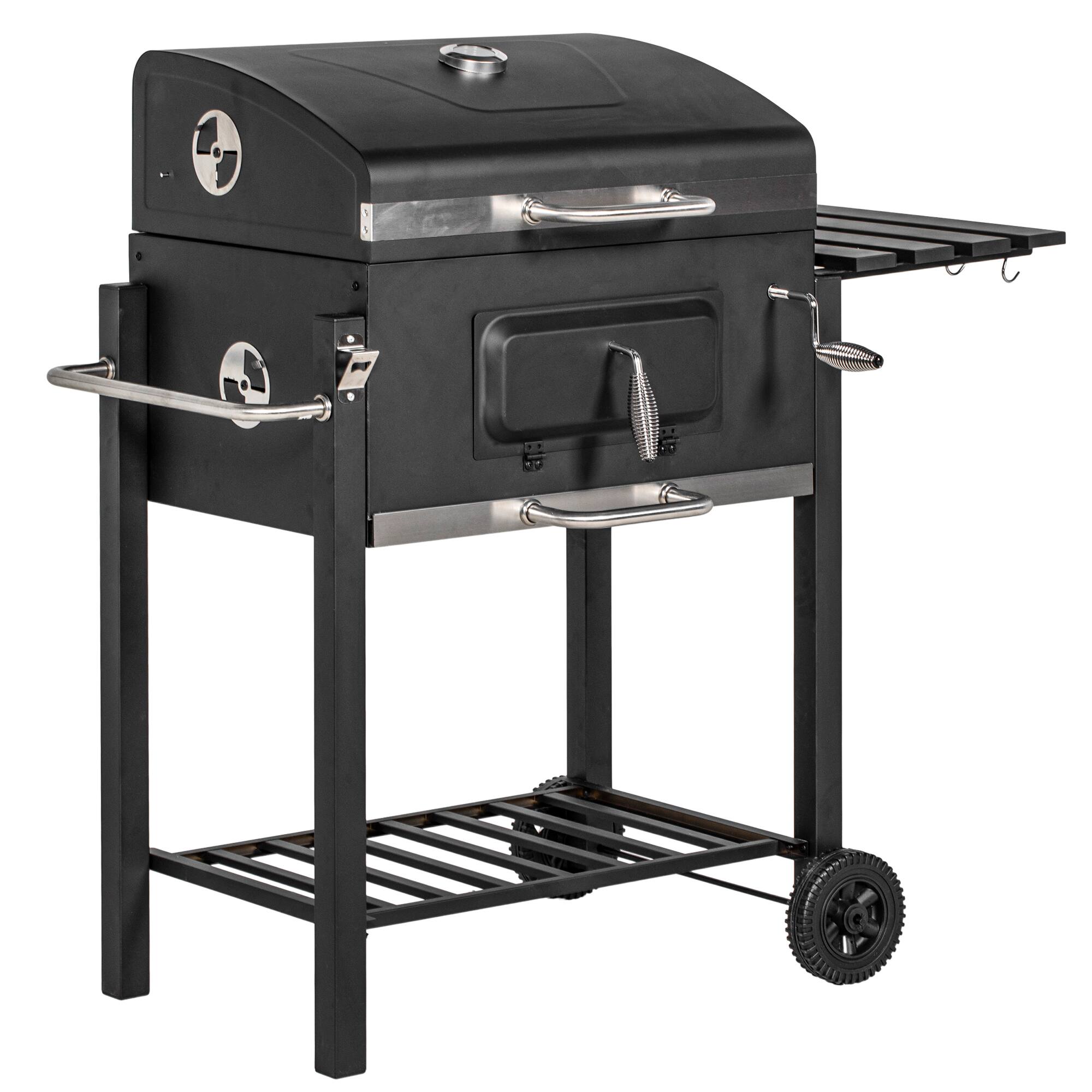 Chateau Abodes - Charcoal BBQ Grill with Side Table, Storage Shelf, Wheels & Handle, Portable Outdoor Cooker for Camping & Backyard - Black