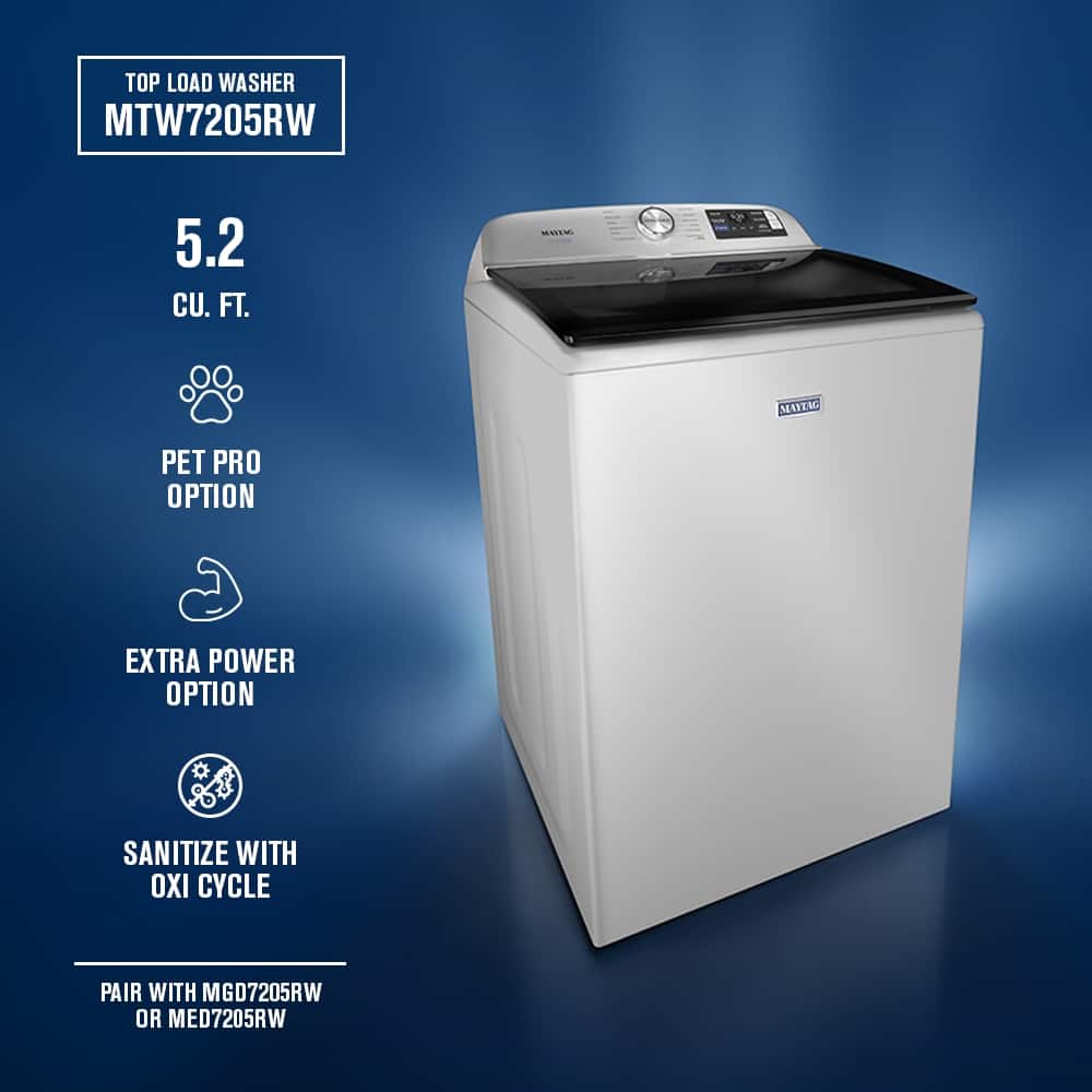 TOP LOAD WASHER
MTW7205RW
5.2 CU. FT.
PET PRO OPTION
EXTRA POWER OPTION
SANITIZE WITH OXI CYCLE
PAIR WITH MGD7205RW OR MED7205RW