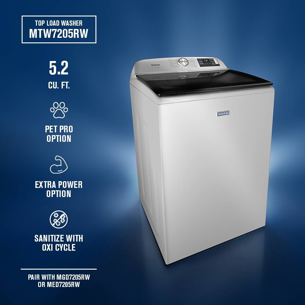TOP LOAD WASHER  
MTW7205RW  

5.2 CU. FT.  

PET PRO OPTION  

EXTRA POWER OPTION  

SANITIZE WITH OXI CYCLE  

PAIR WITH MGD7205RW OR MED7205RW